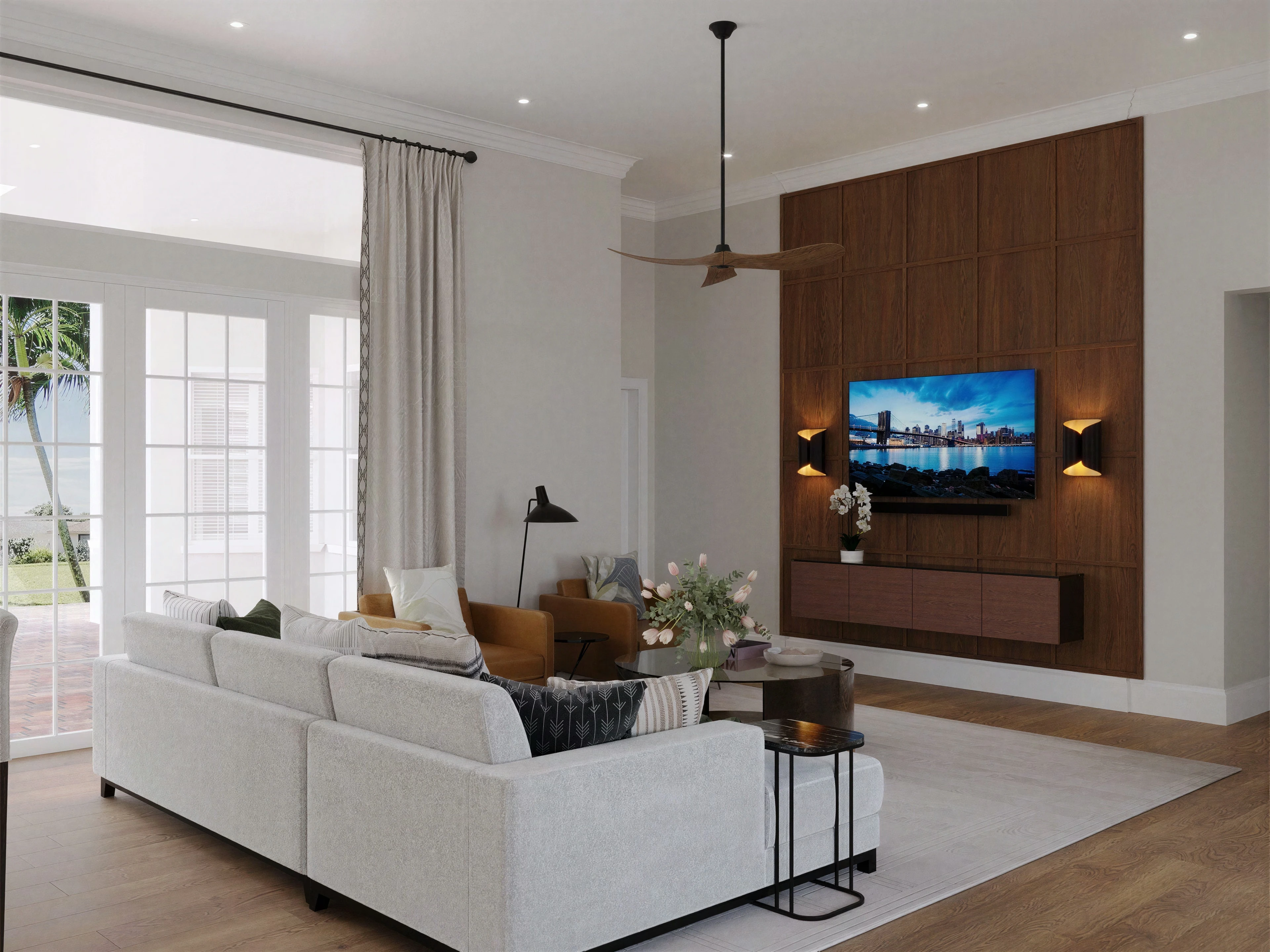 Living room with a wood media wall and pale sofa.