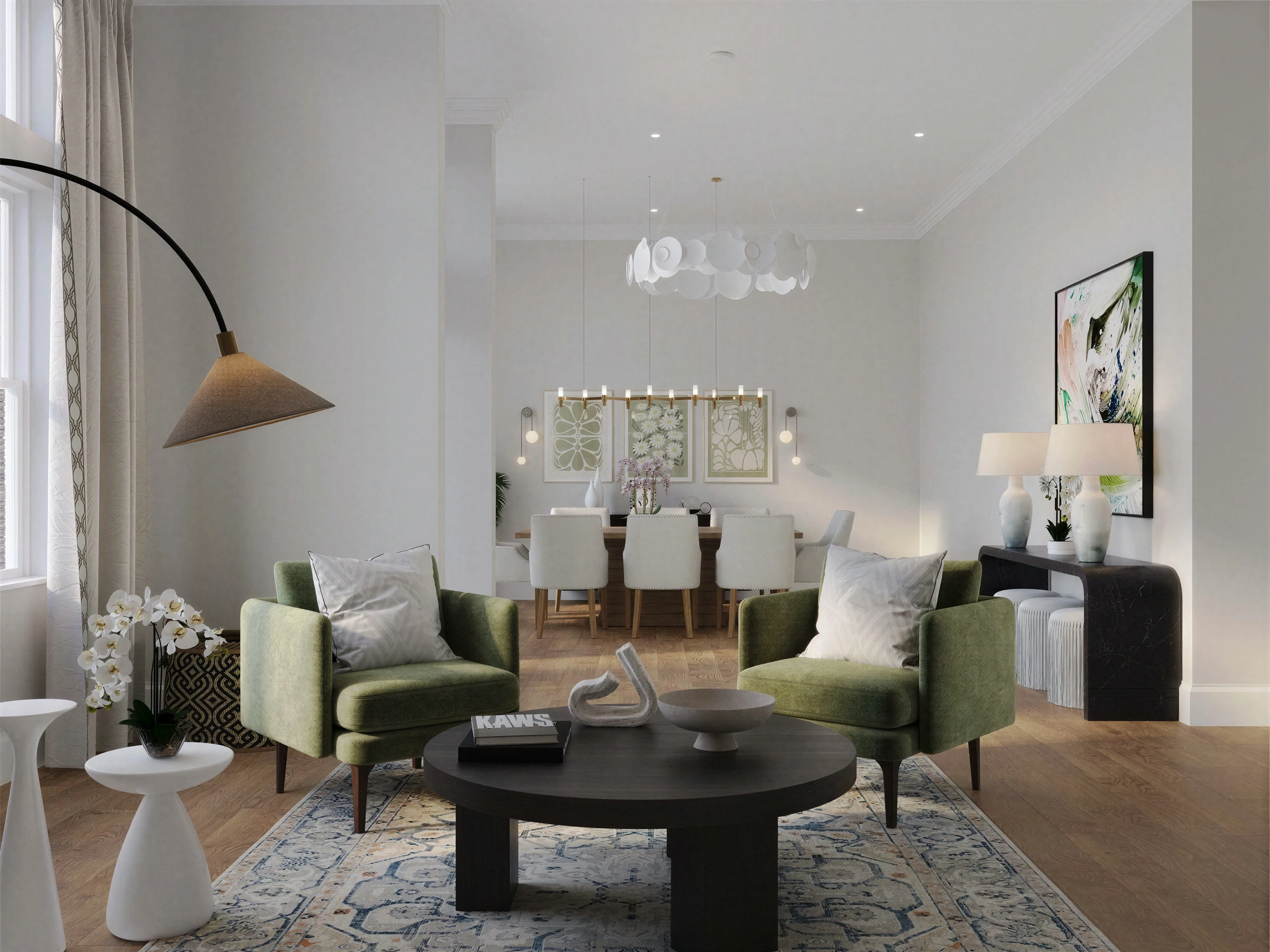 Sitting area with green chairs beside the dining room.
