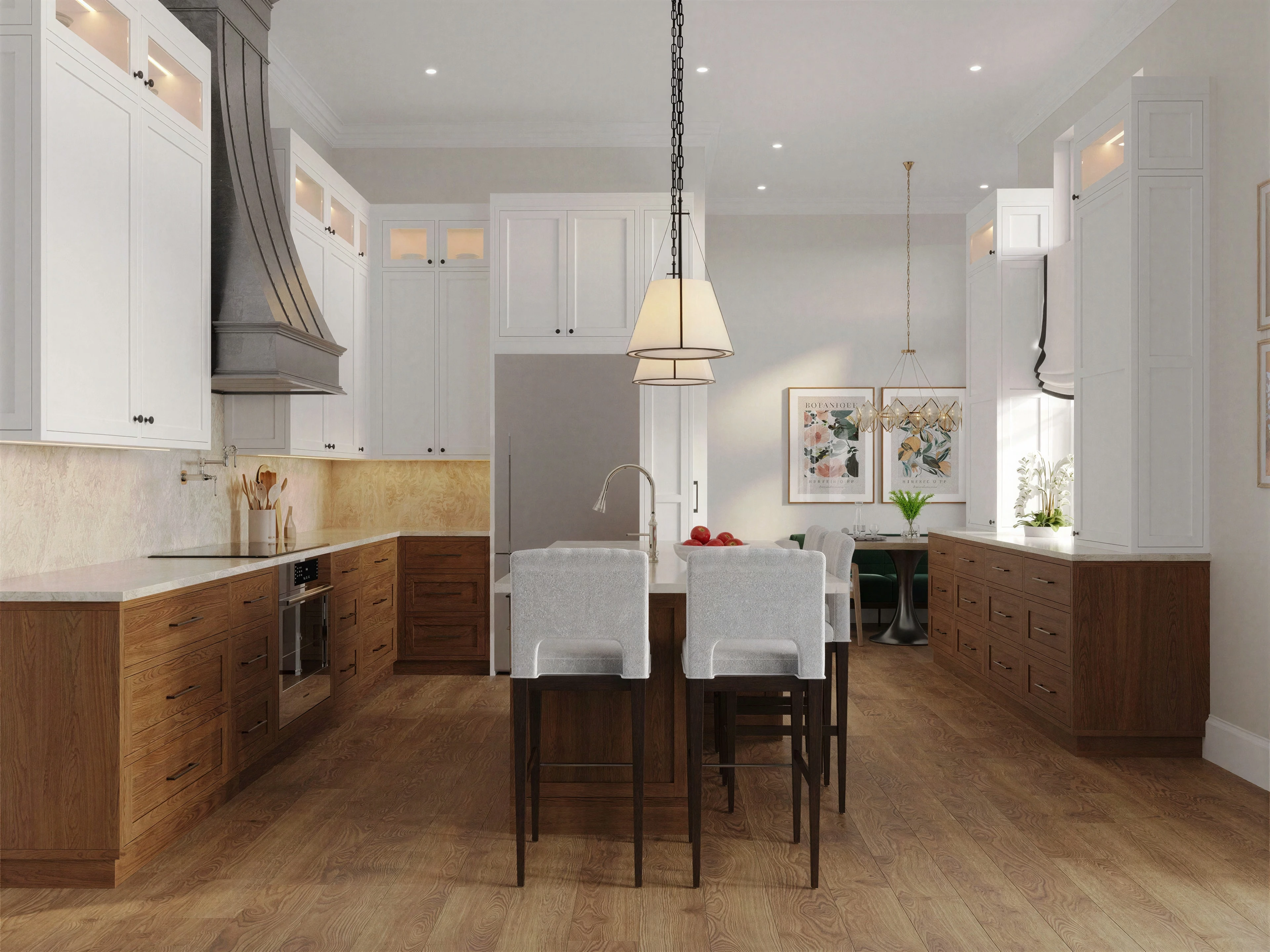 Kitchen island with pendant lighting and wood cabinetry.