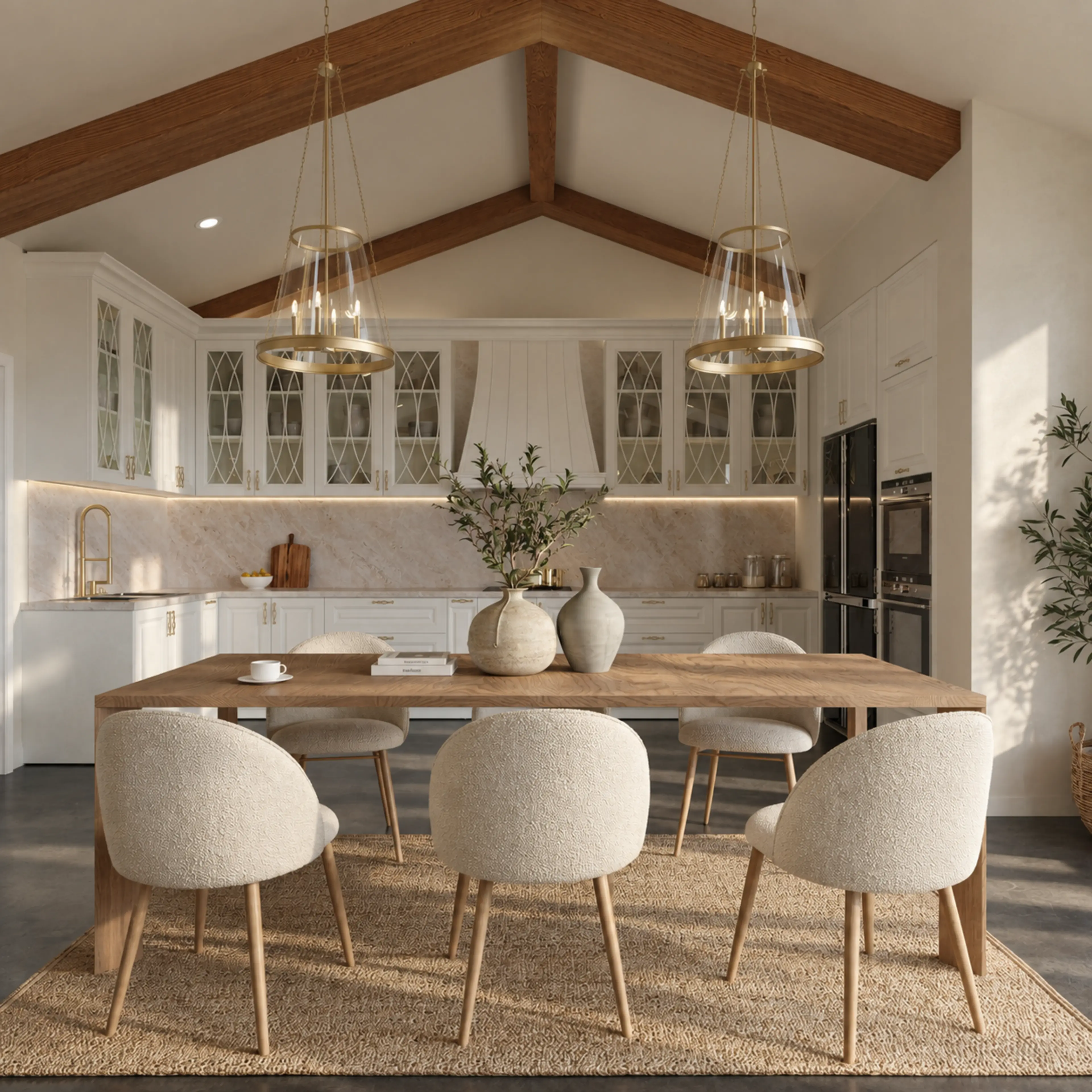 Dining table beneath pendant lights and a vaulted ceiling.