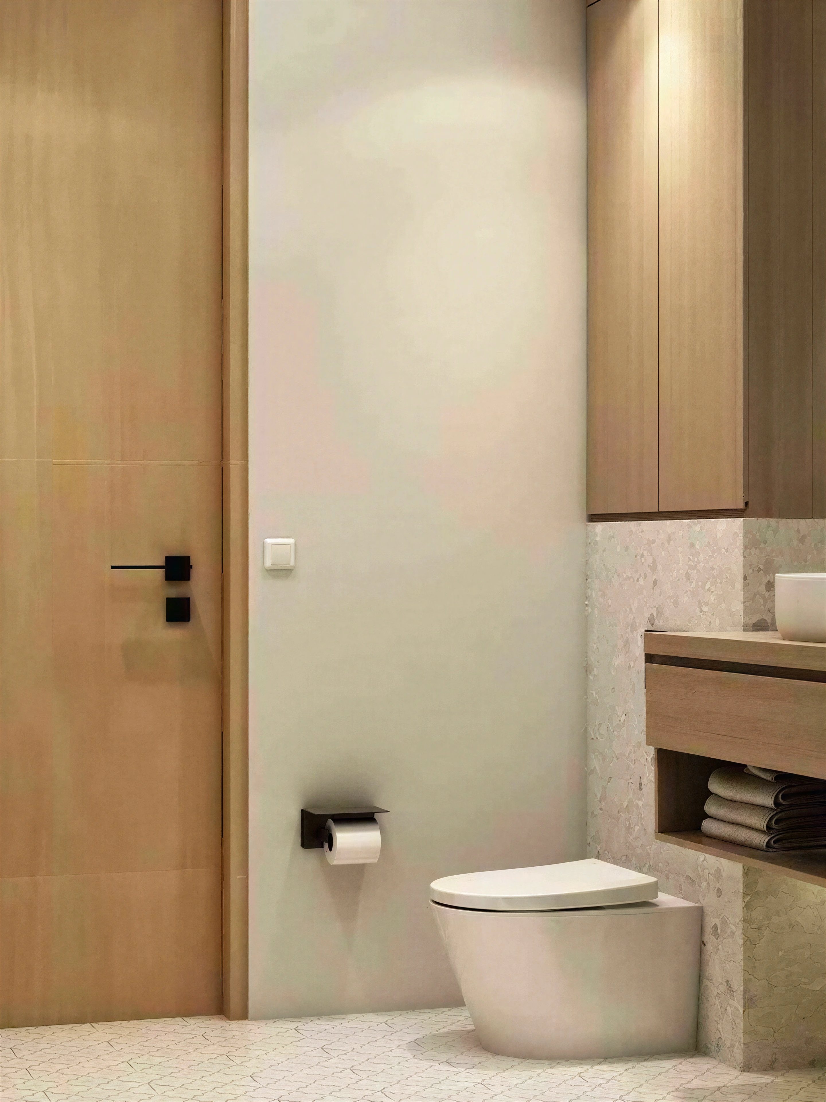Wall-mounted toilet beside pale wood cabinetry.