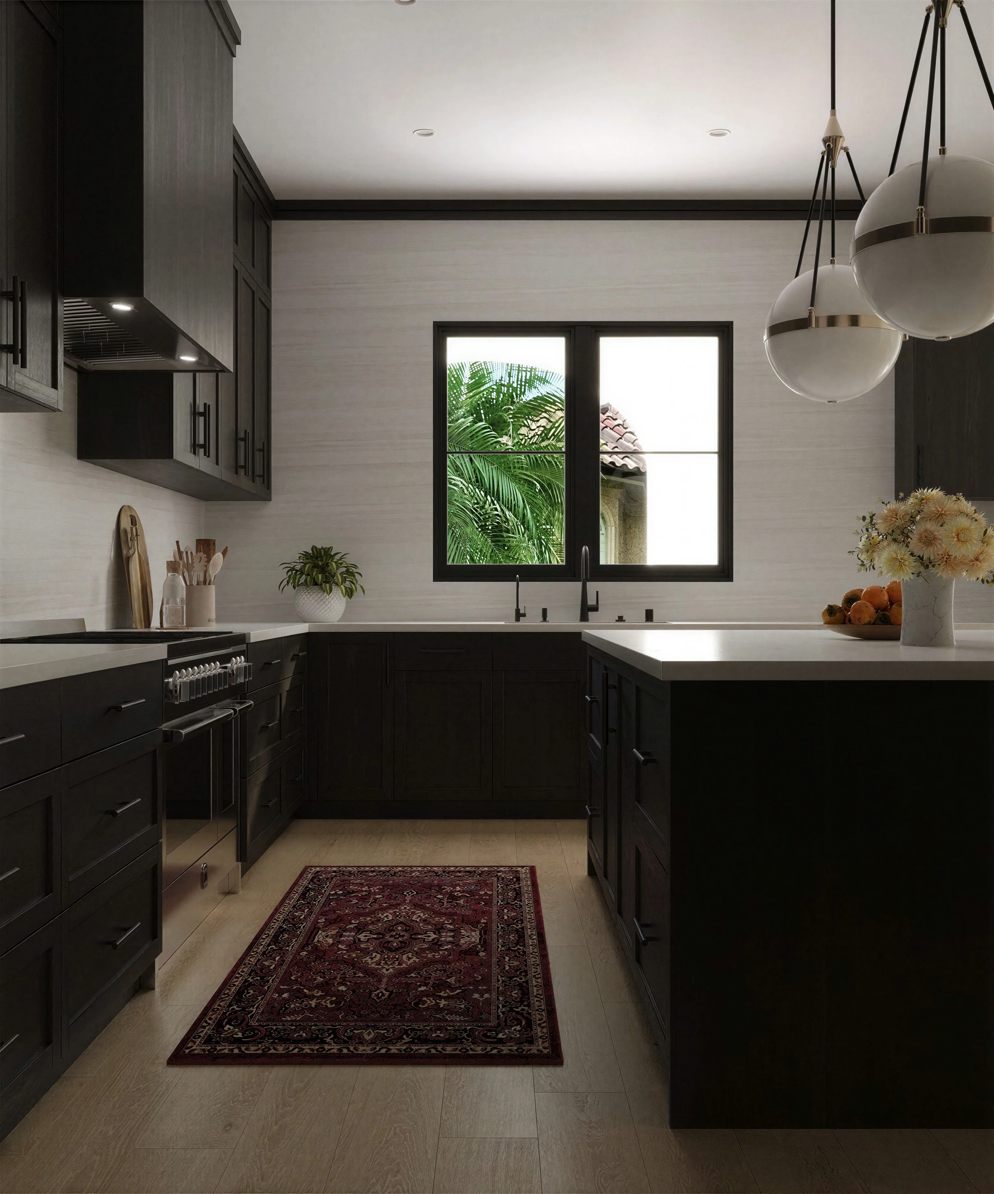 Kitchen corner with dark cabinetry and a patterned floor runner.