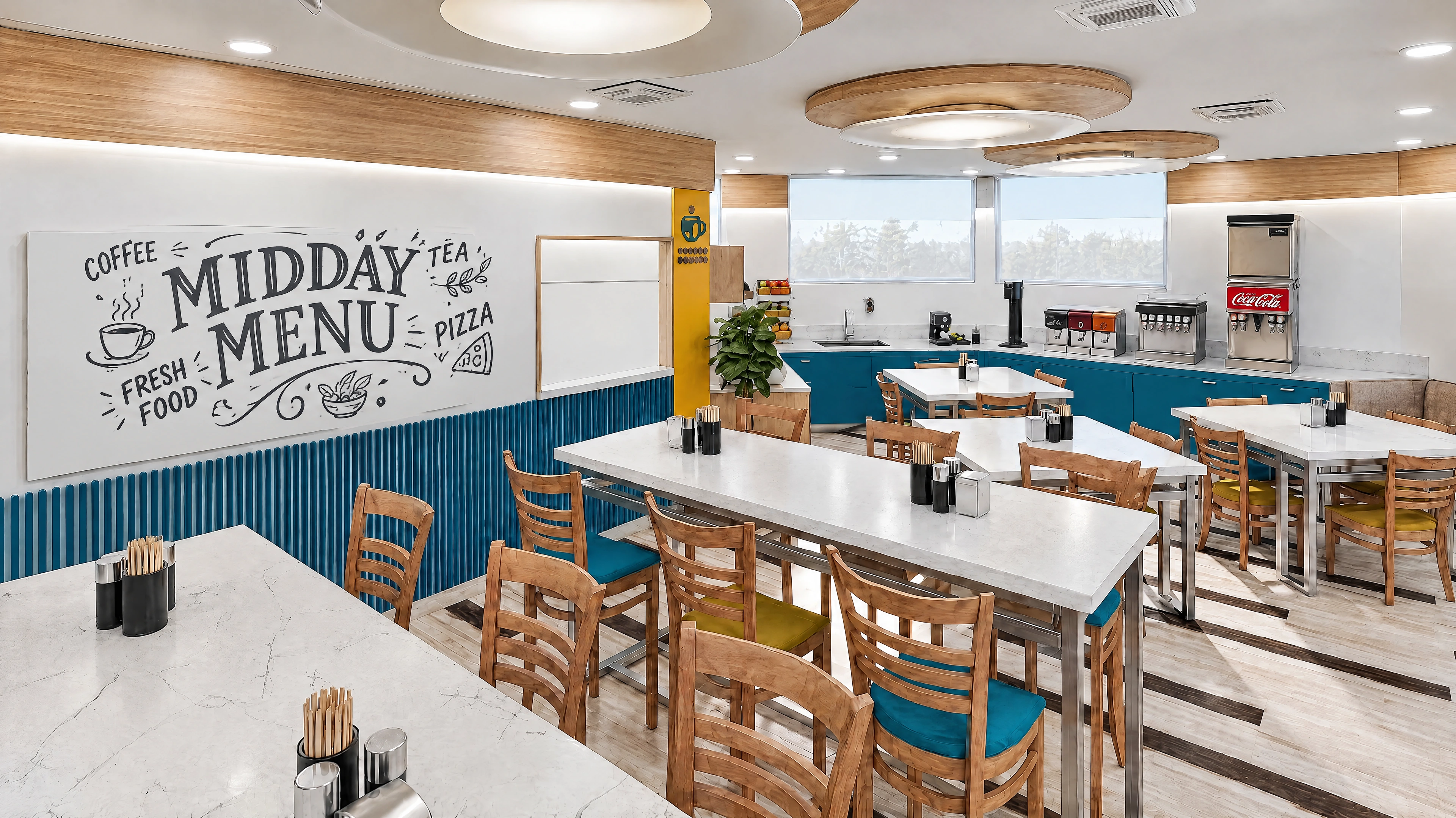 Cafeteria seating area with blue cabinets and circular ceiling details.