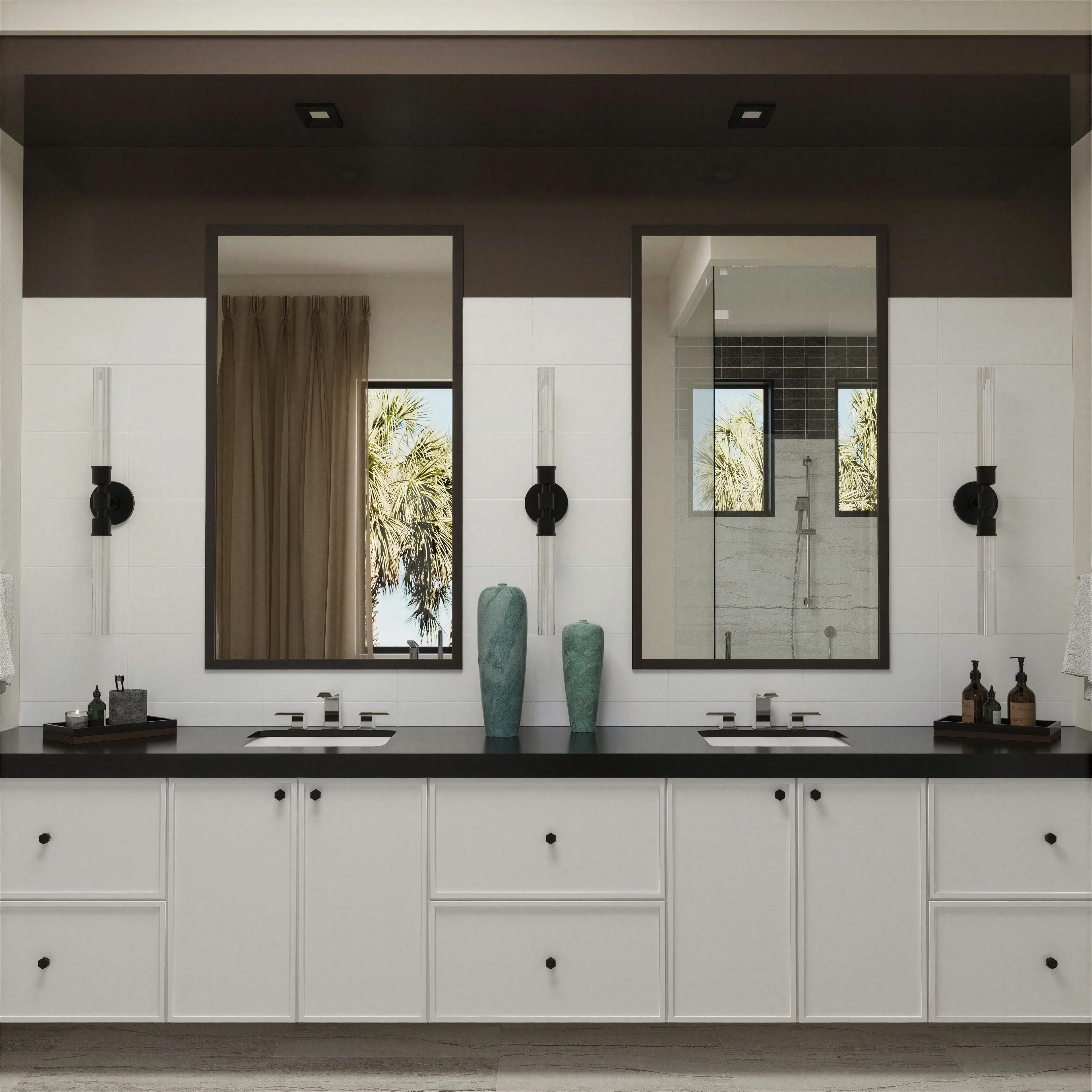 Double bathroom vanity with two tall mirrors.