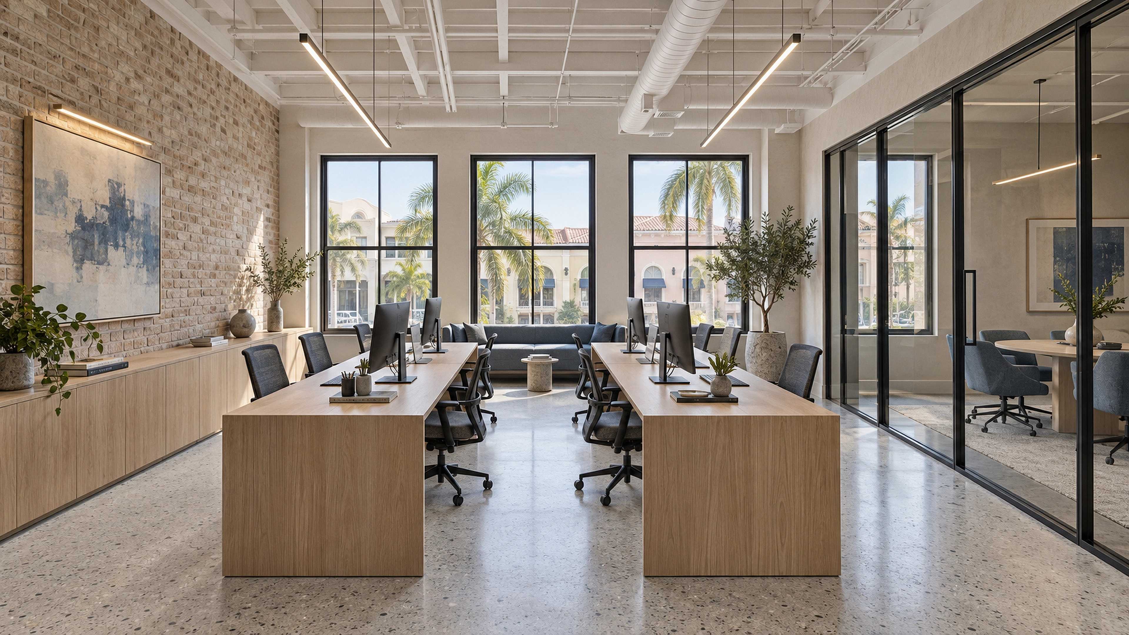 Clematis Digital Studio — a studio above the street; AI-generated design-concept visualization.