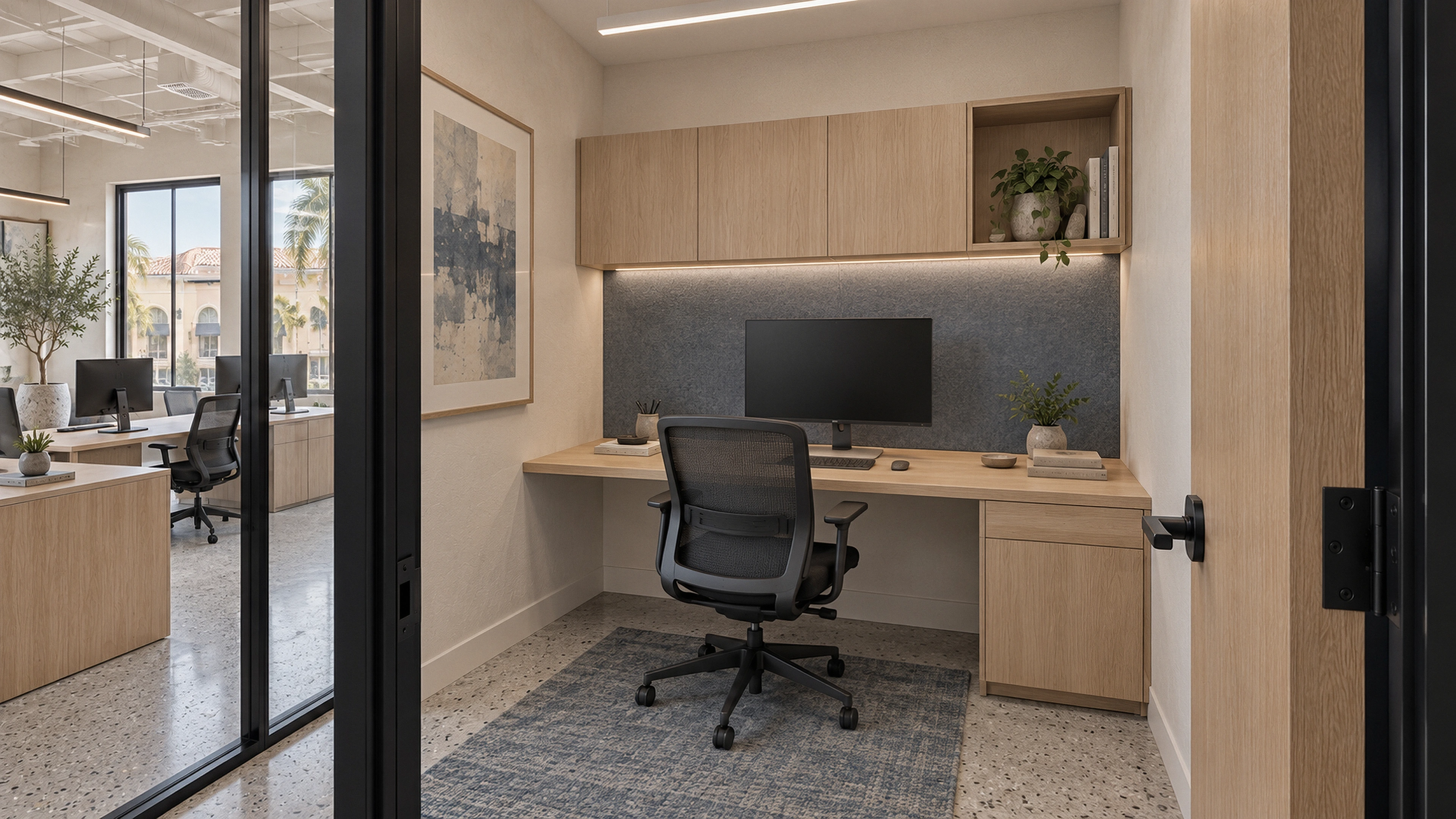 Clematis Digital Studio — room to concentrate; AI-generated design-concept visualization.