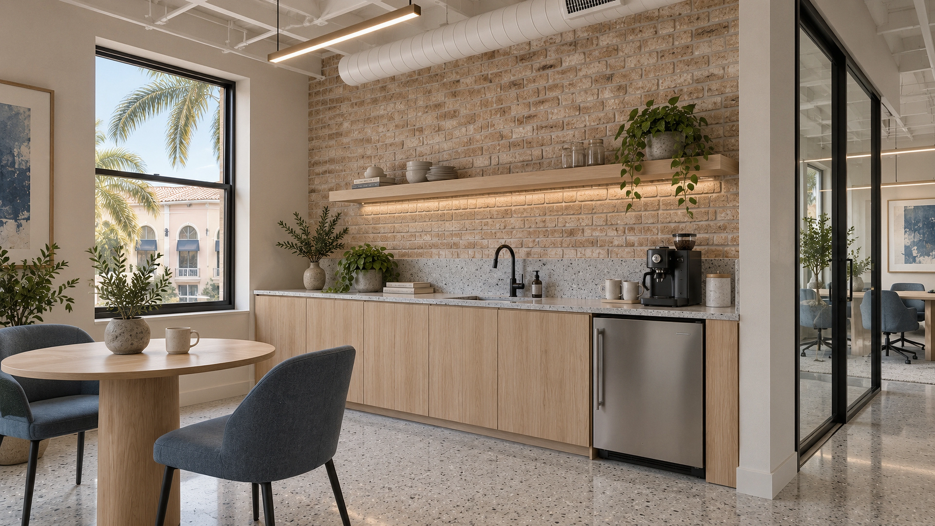 Clematis Digital Studio — a shared refreshment space; AI-generated design-concept visualization.