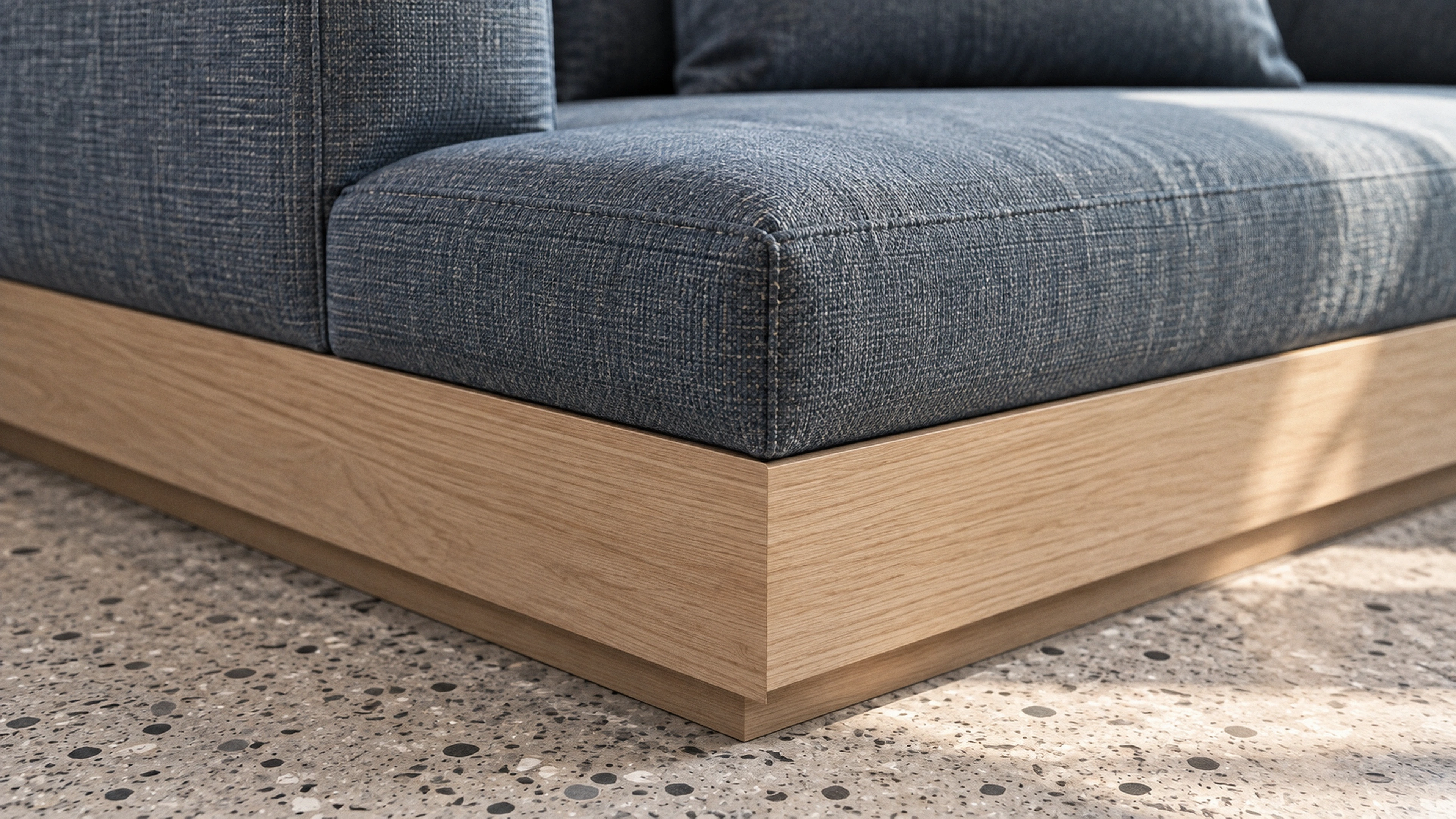 Clematis Digital Studio — texture, stitching and oak; AI-generated design-concept visualization.