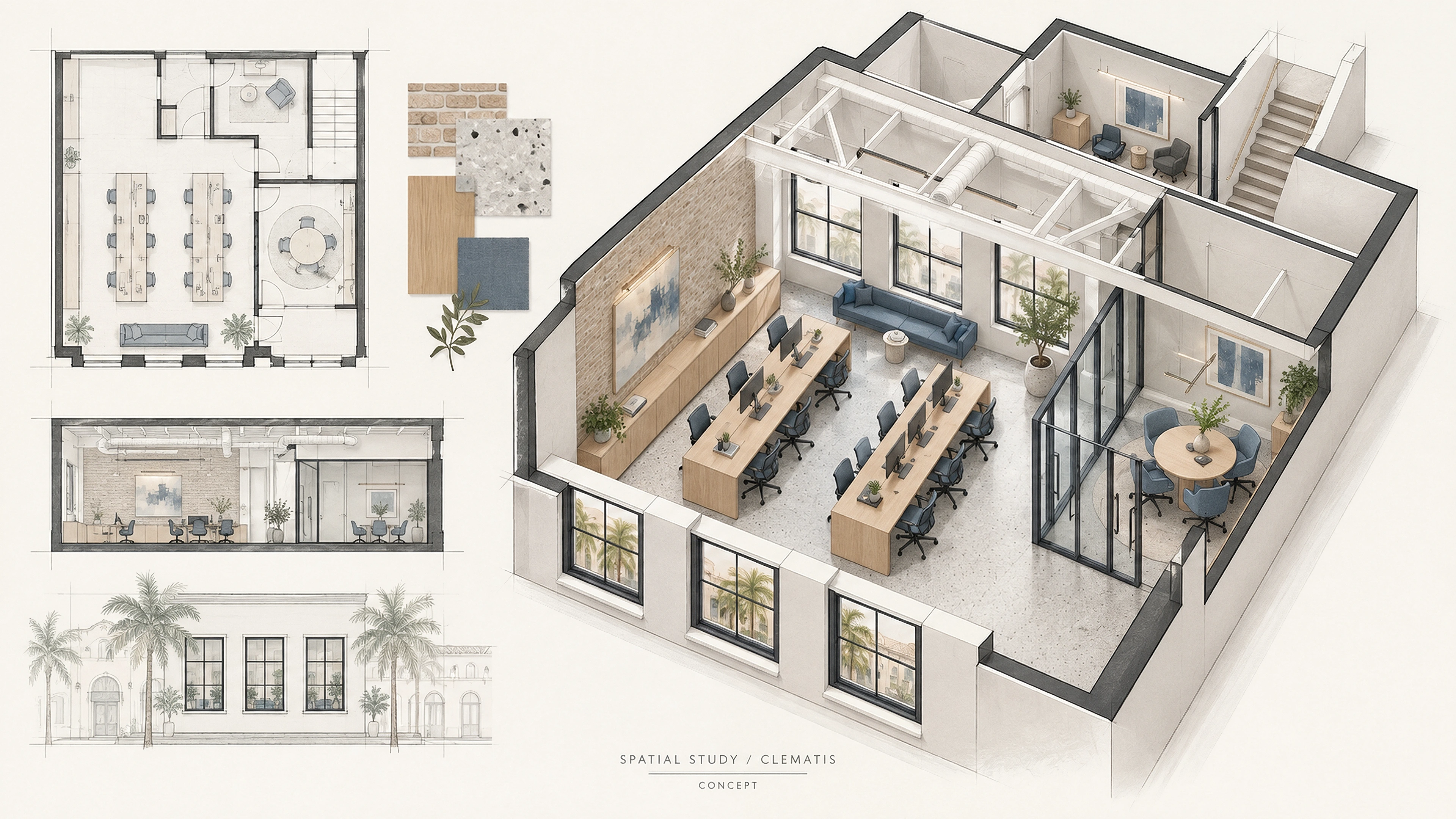 Clematis Digital Studio — workplace arrangement and second-floor study; AI-generated design-concept visualization.