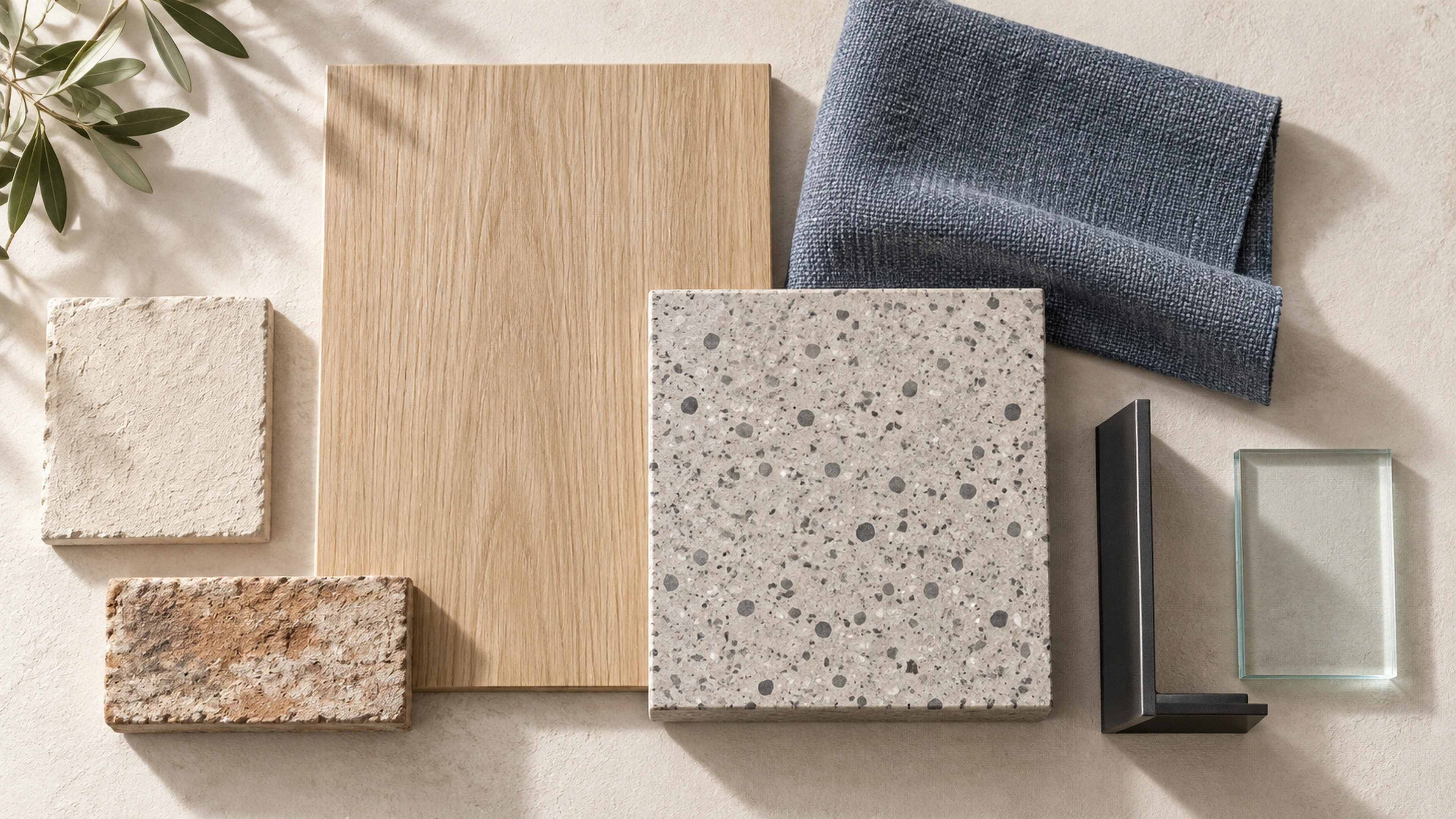 Clematis Digital Studio — oak, terrazzo, charcoal and slate blue; AI-generated design-concept visualization.