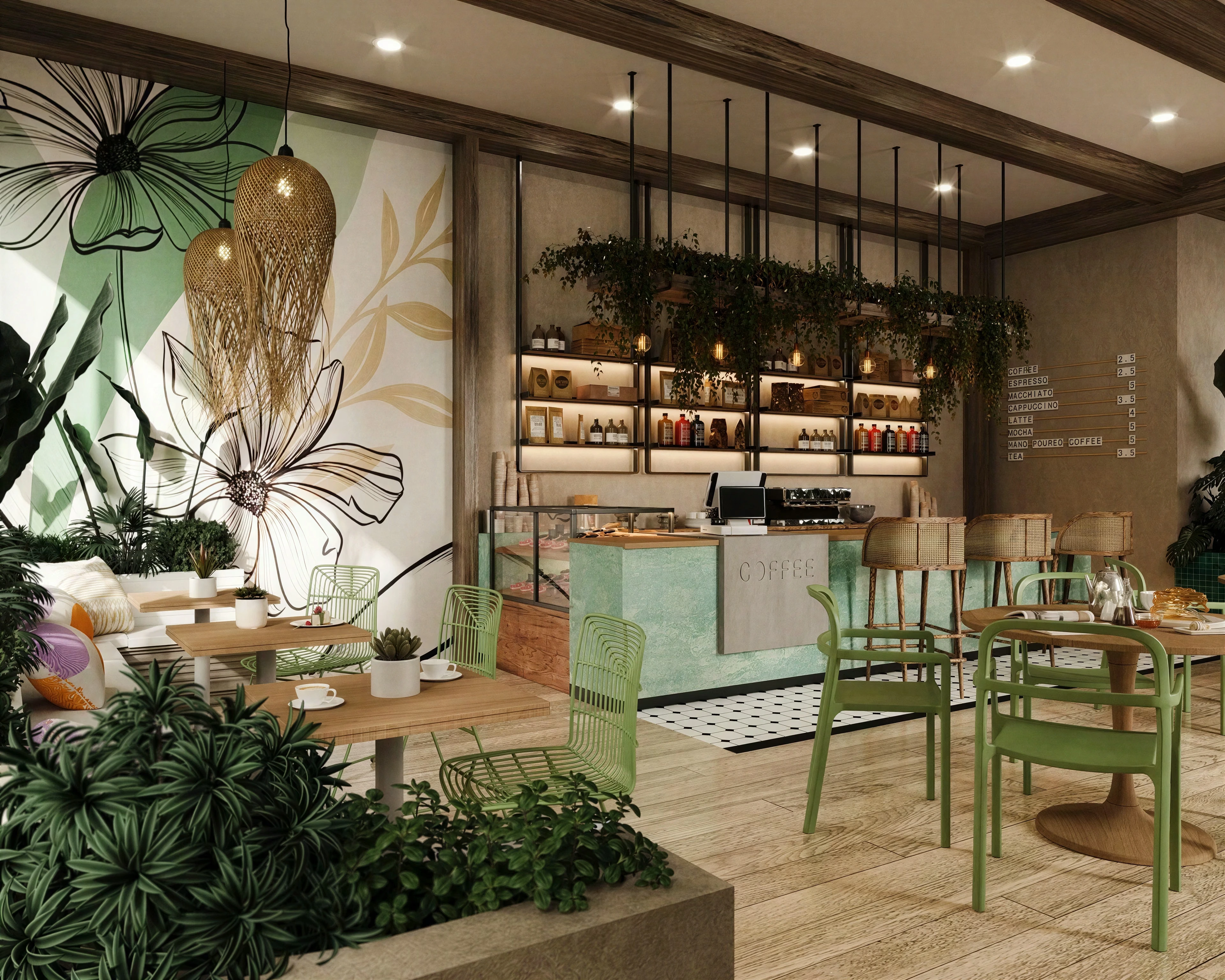 Café tables facing the display counter and wall mural.