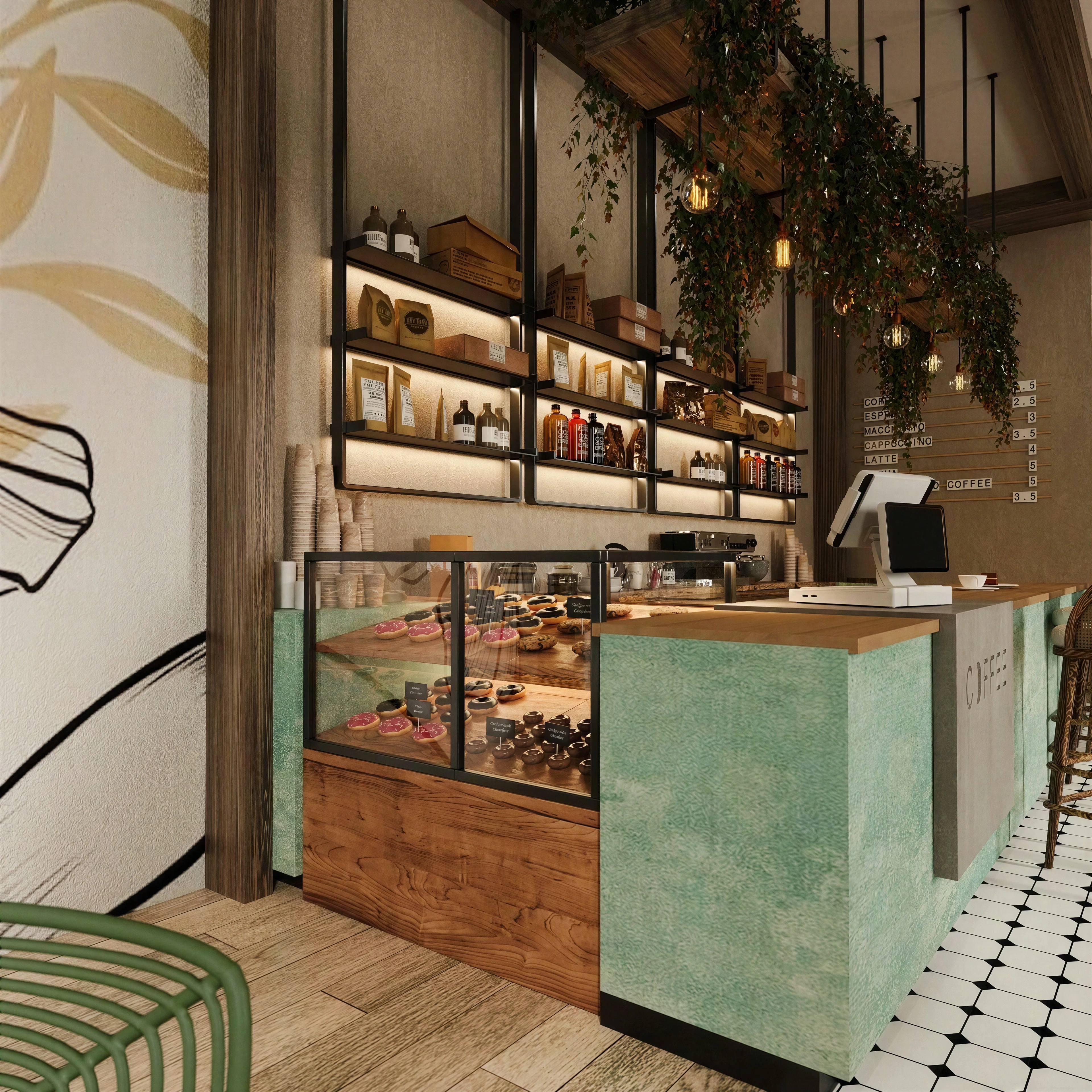 Bakery display case and green counter beside tall shelving.