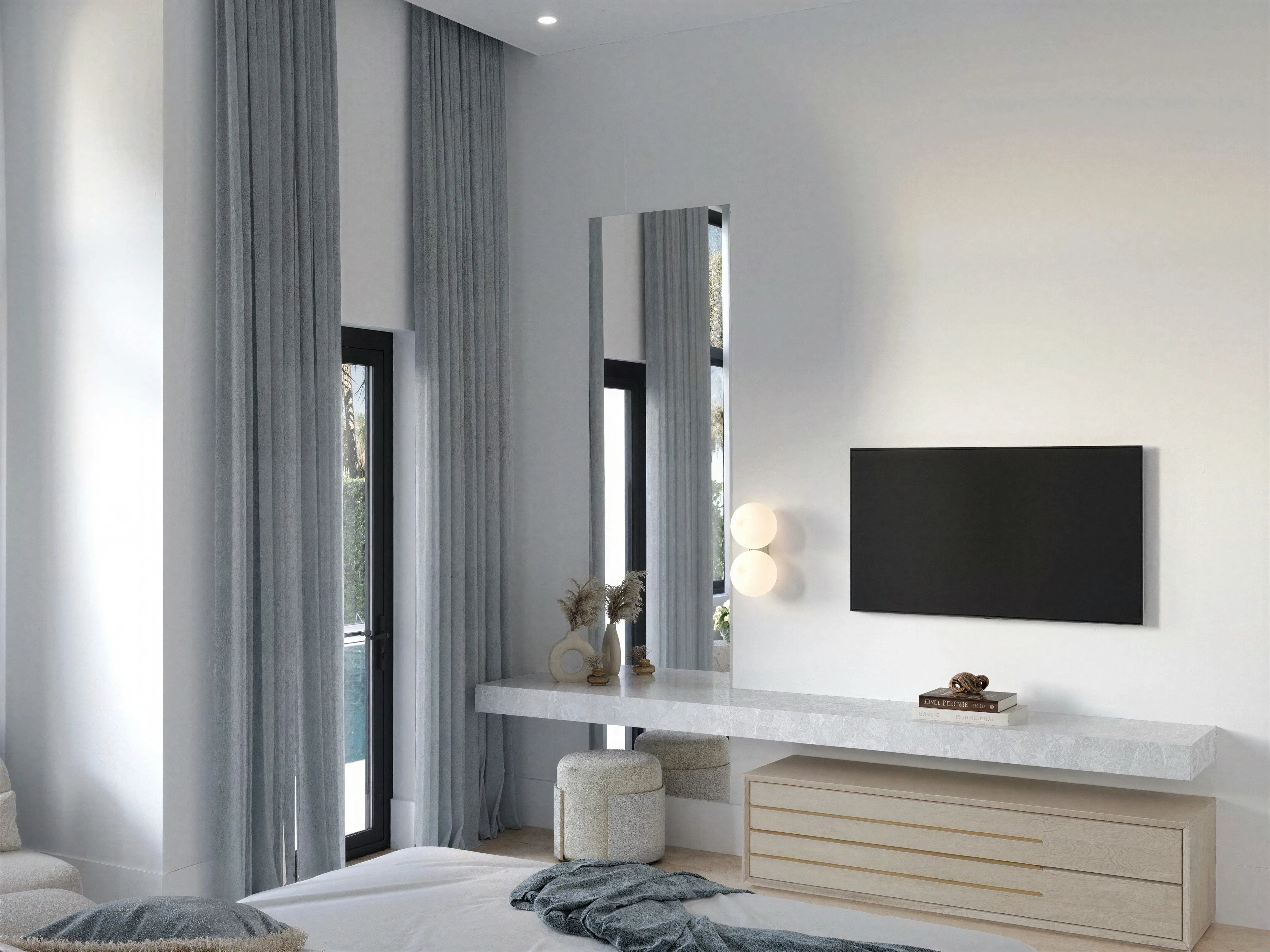 Bedroom dresser and television beside tall glass doors.