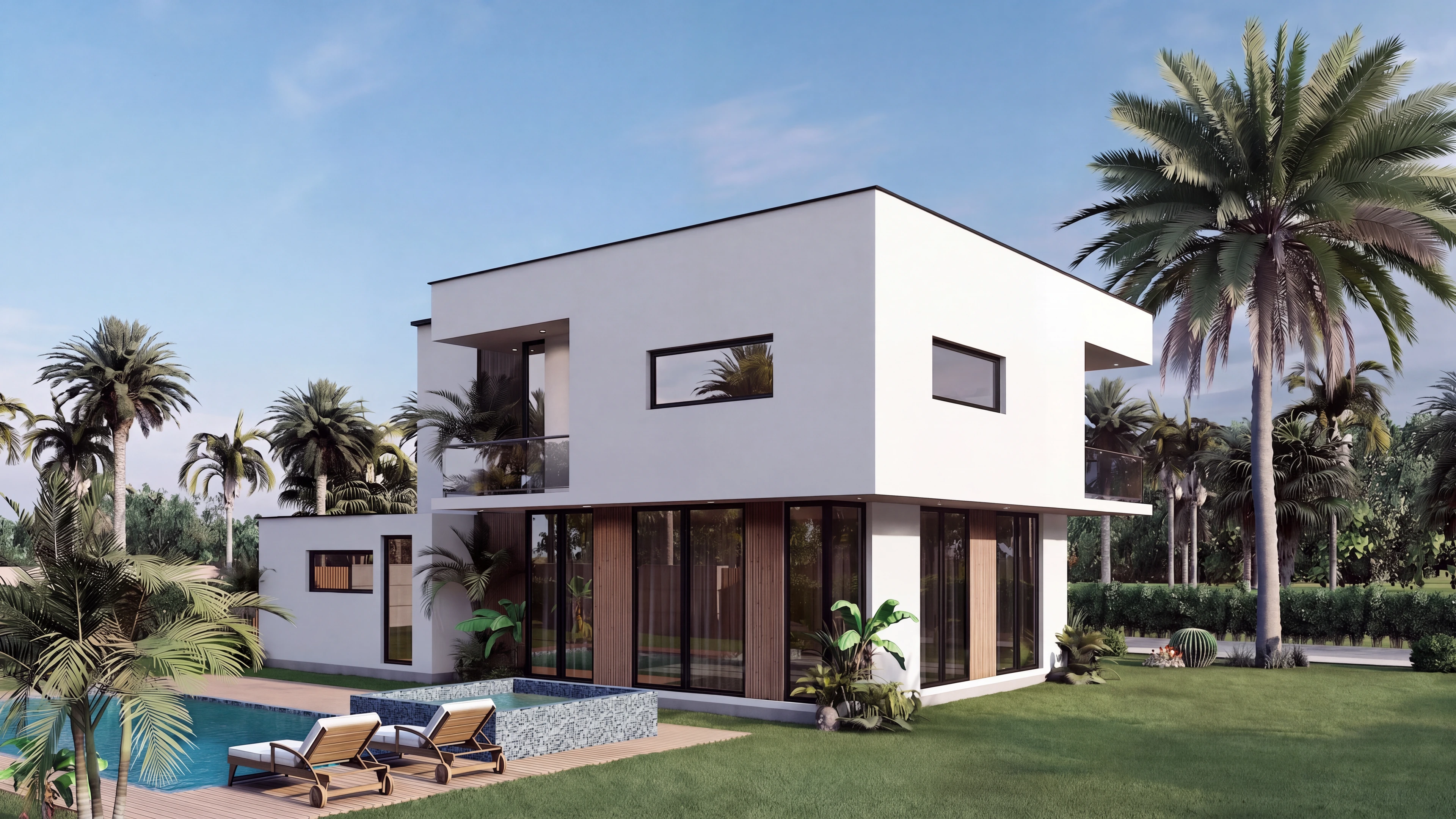 Rear exterior with a pool terrace and glazed ground floor.