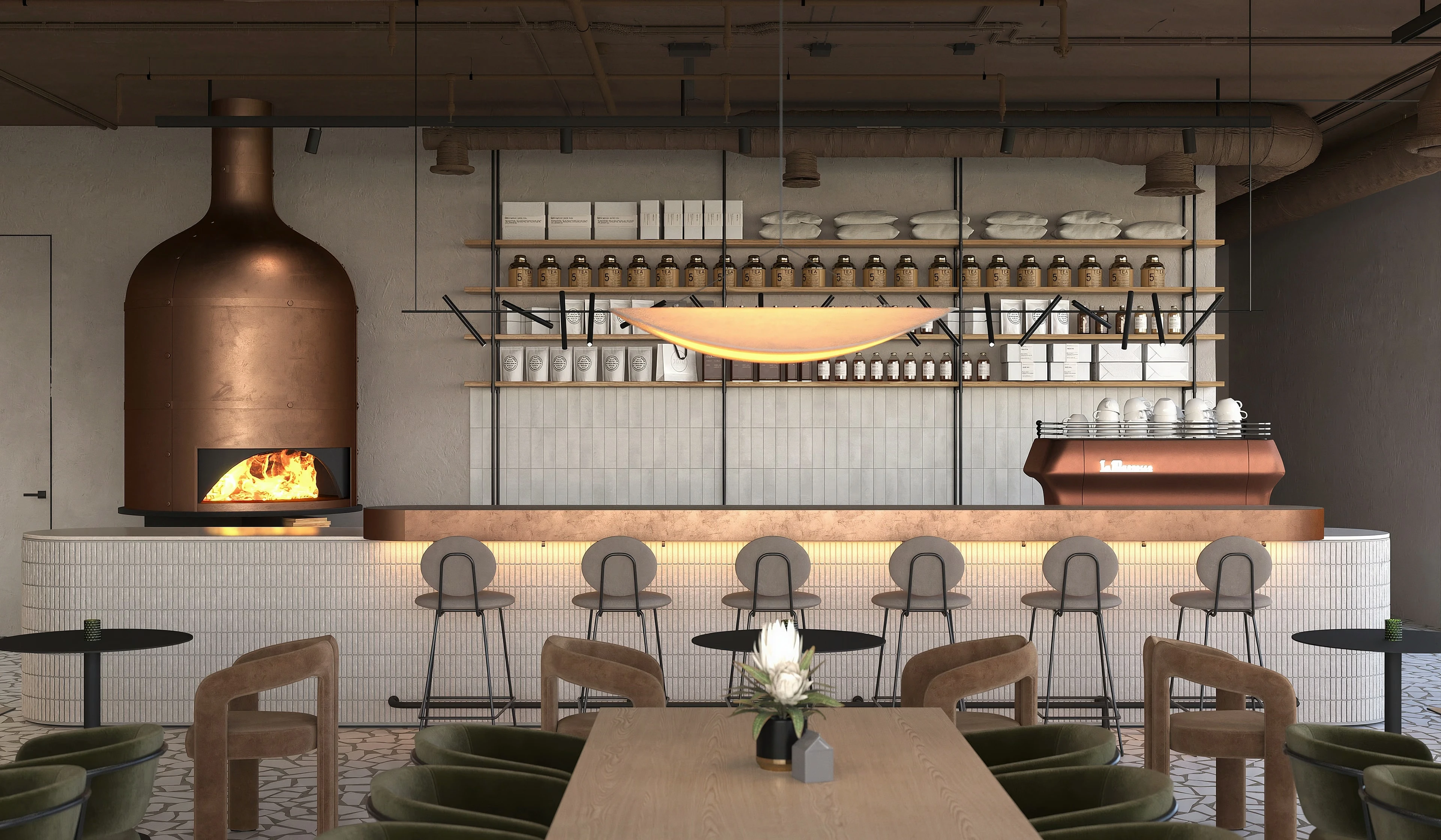 Bar counter with stools beside the restaurant oven.