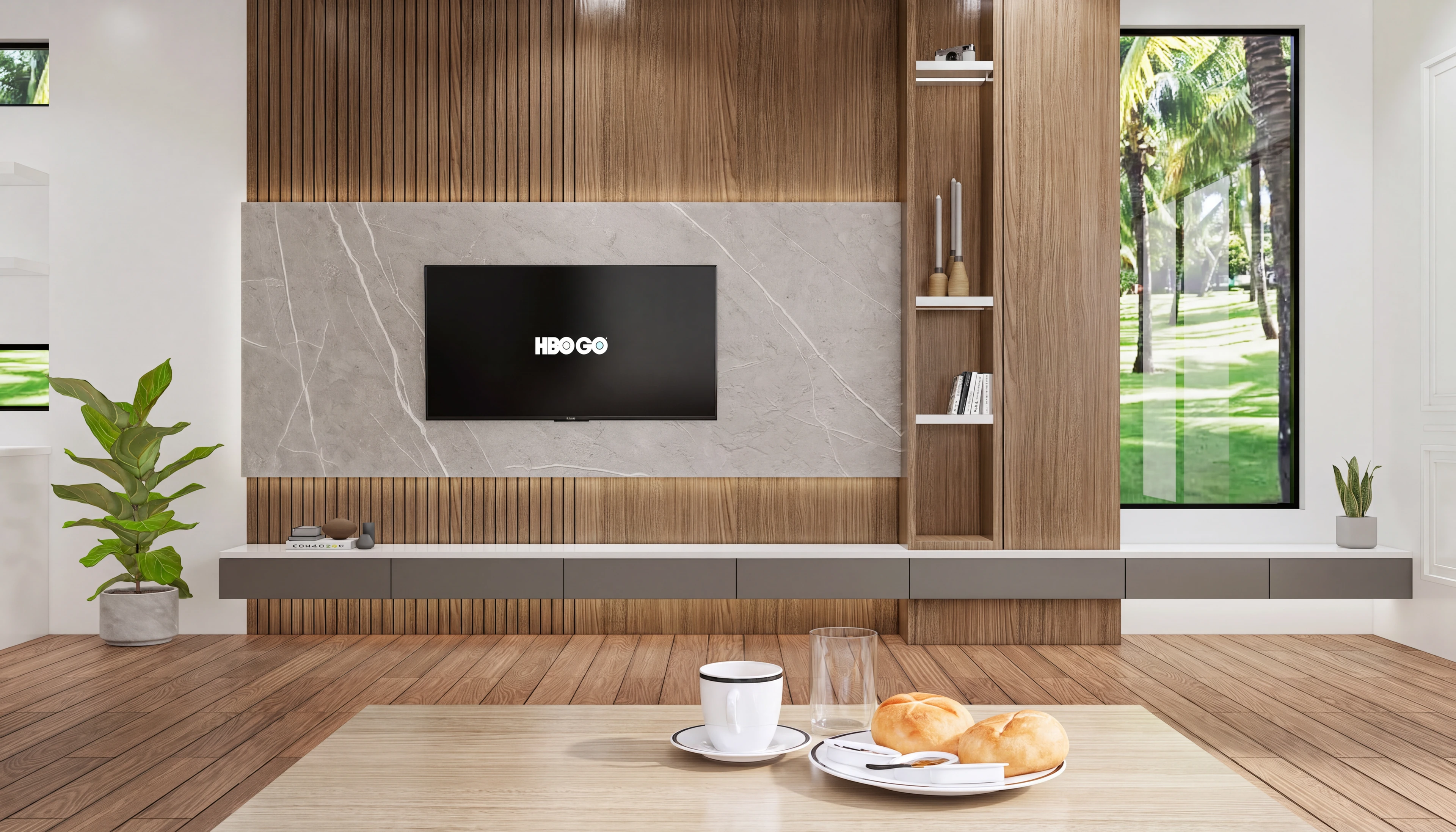 Television wall with wood paneling and a slim display shelf.