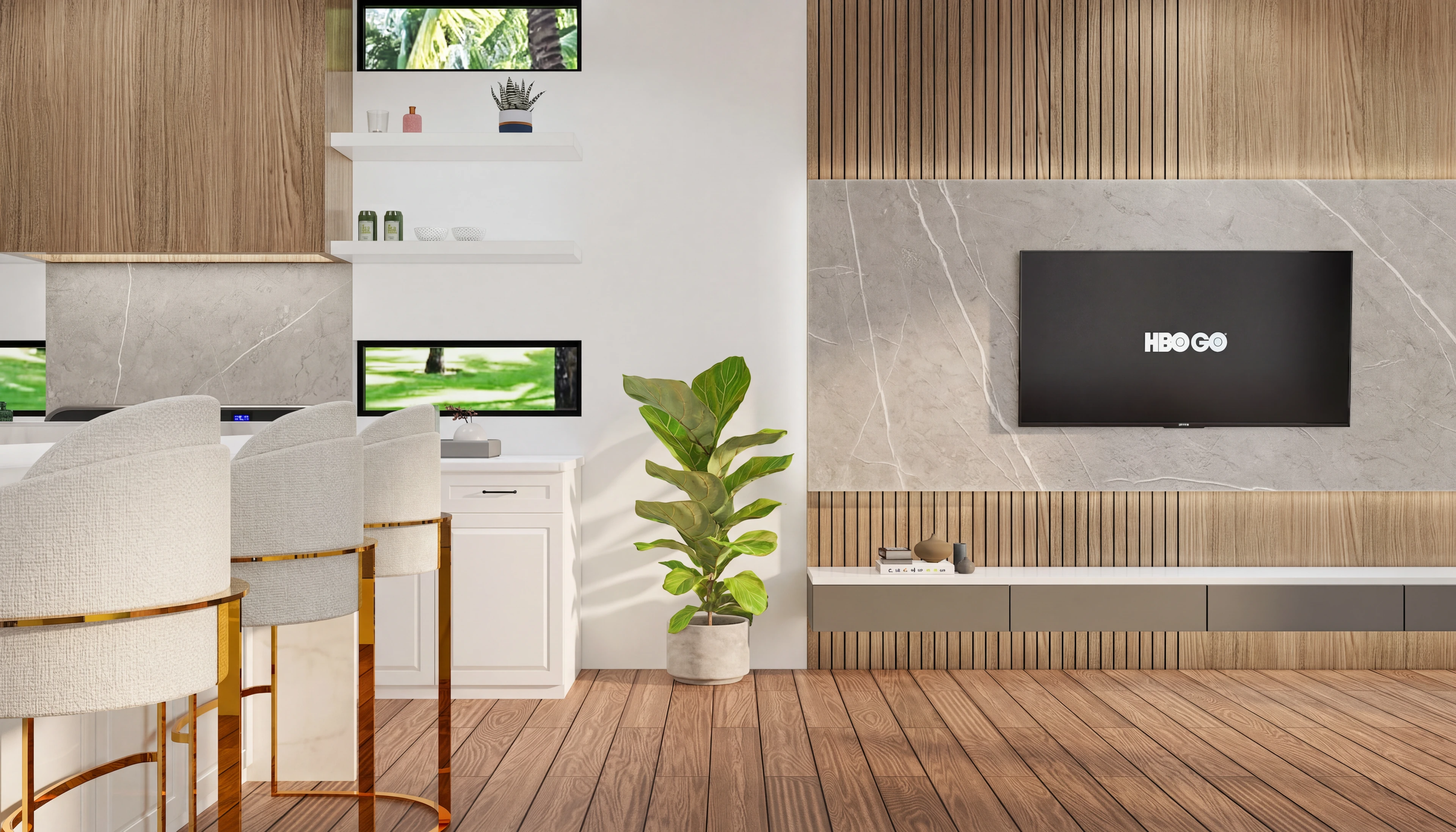 Kitchen seating and television wall framed by wood detailing.