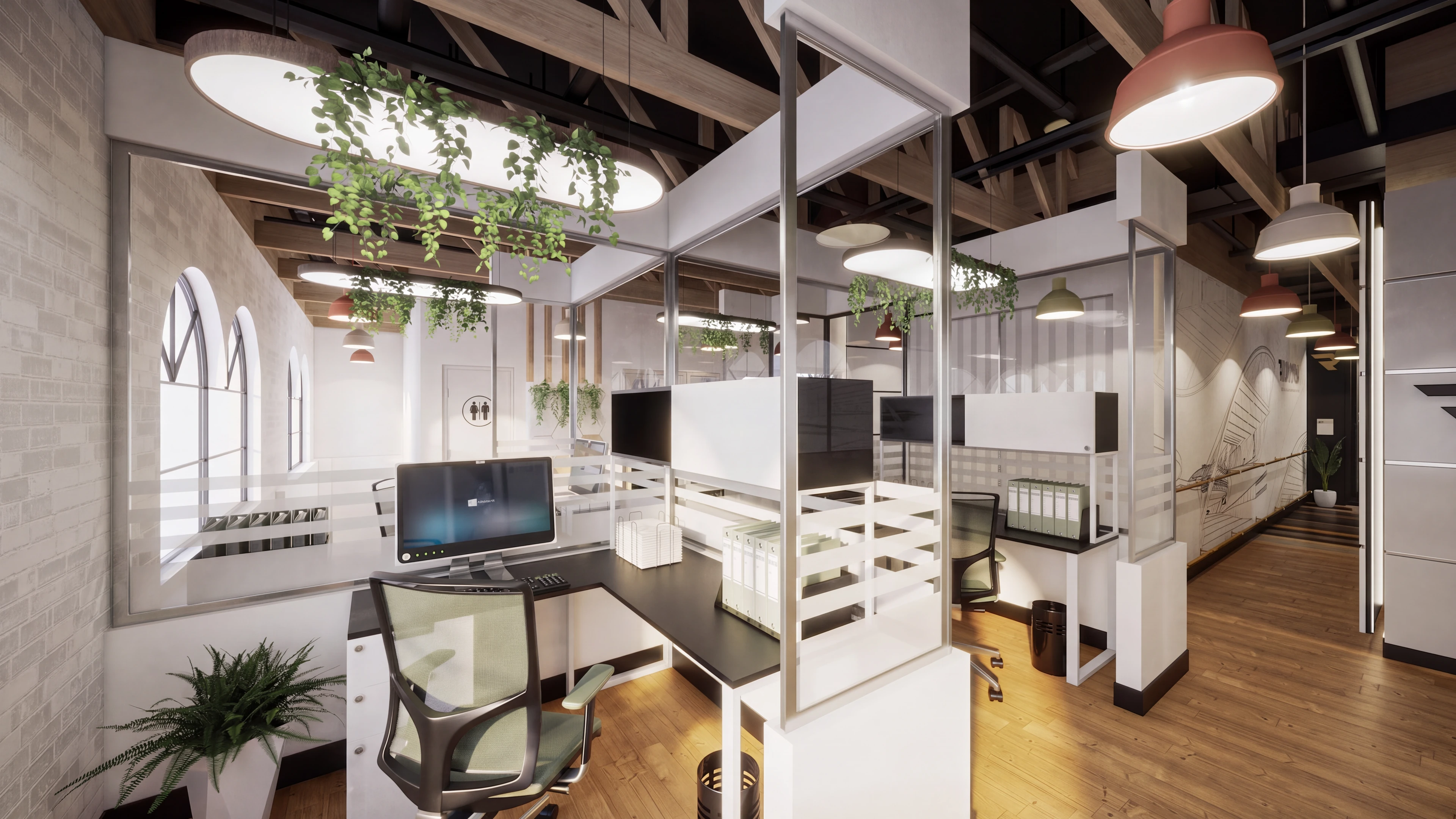 Desk area with glass dividers and hanging plants.