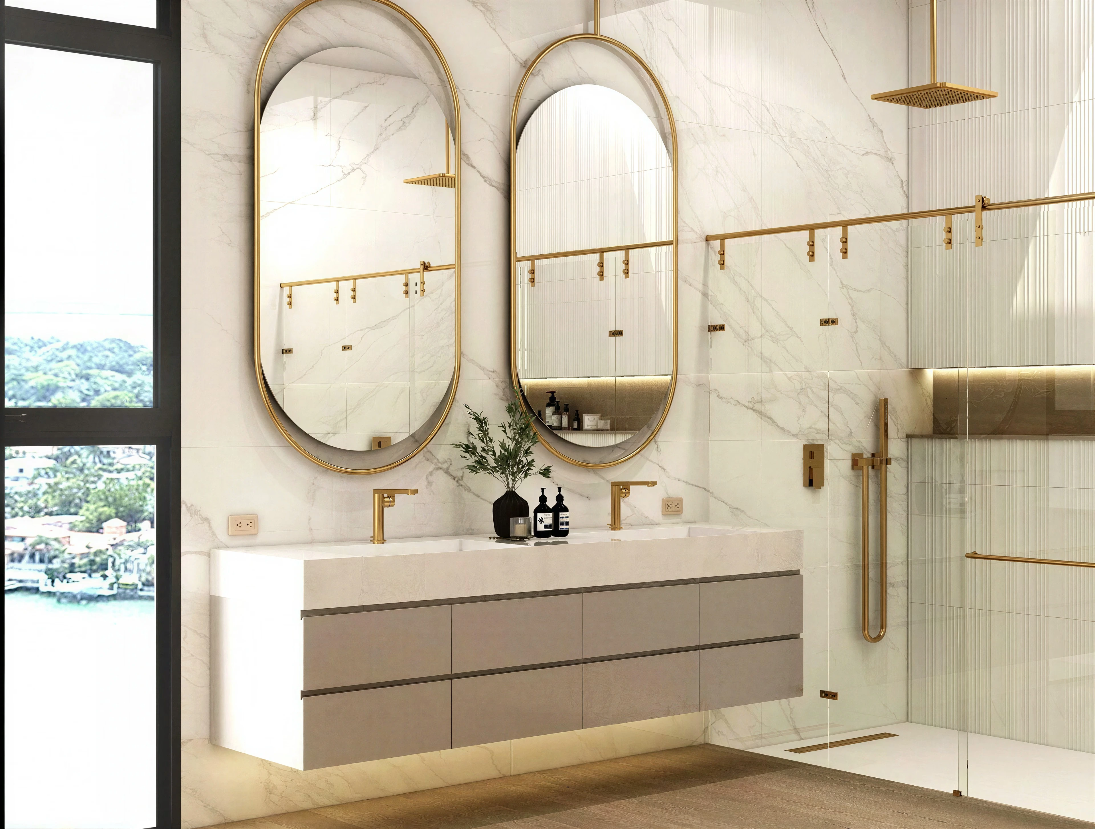 Floating double vanity beneath two arched mirrors.