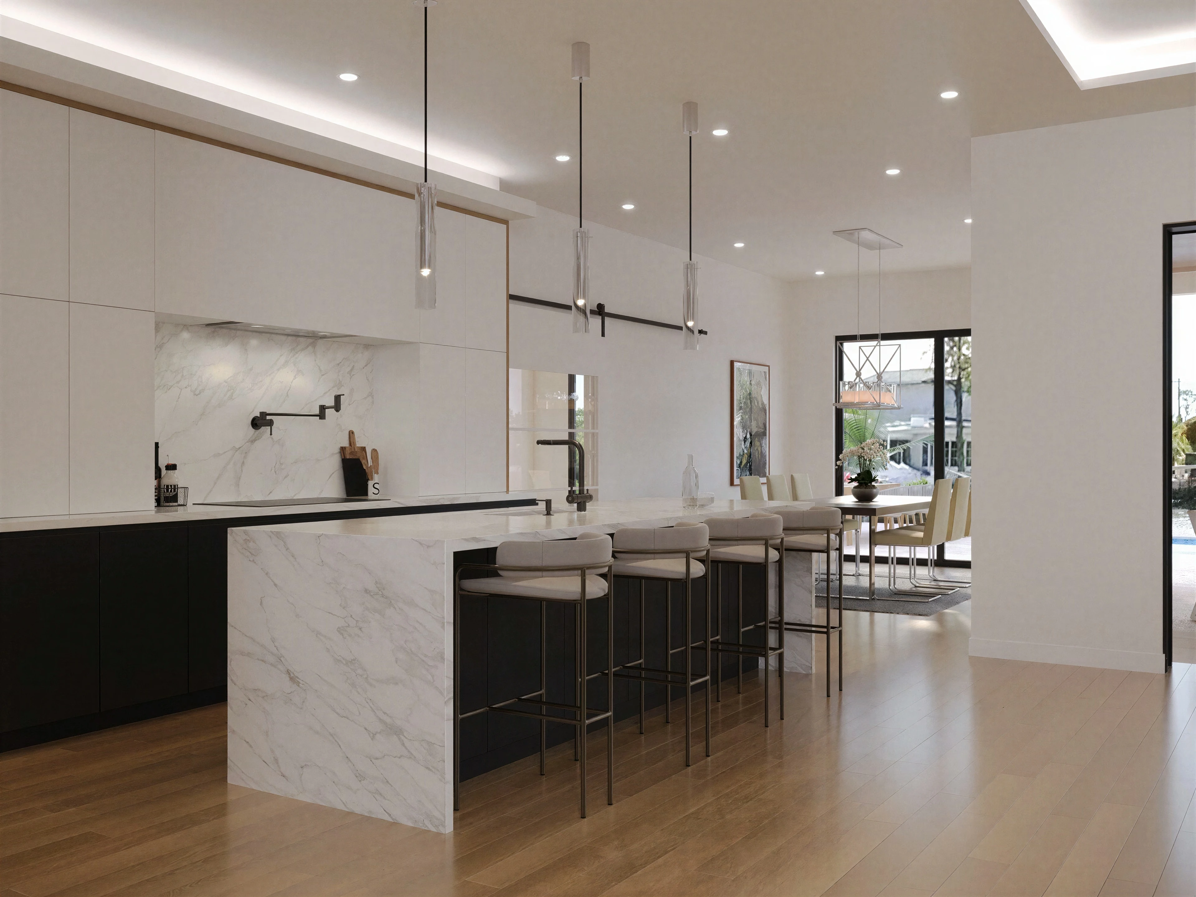 Kitchen island with a stone surface and dark base cabinets.