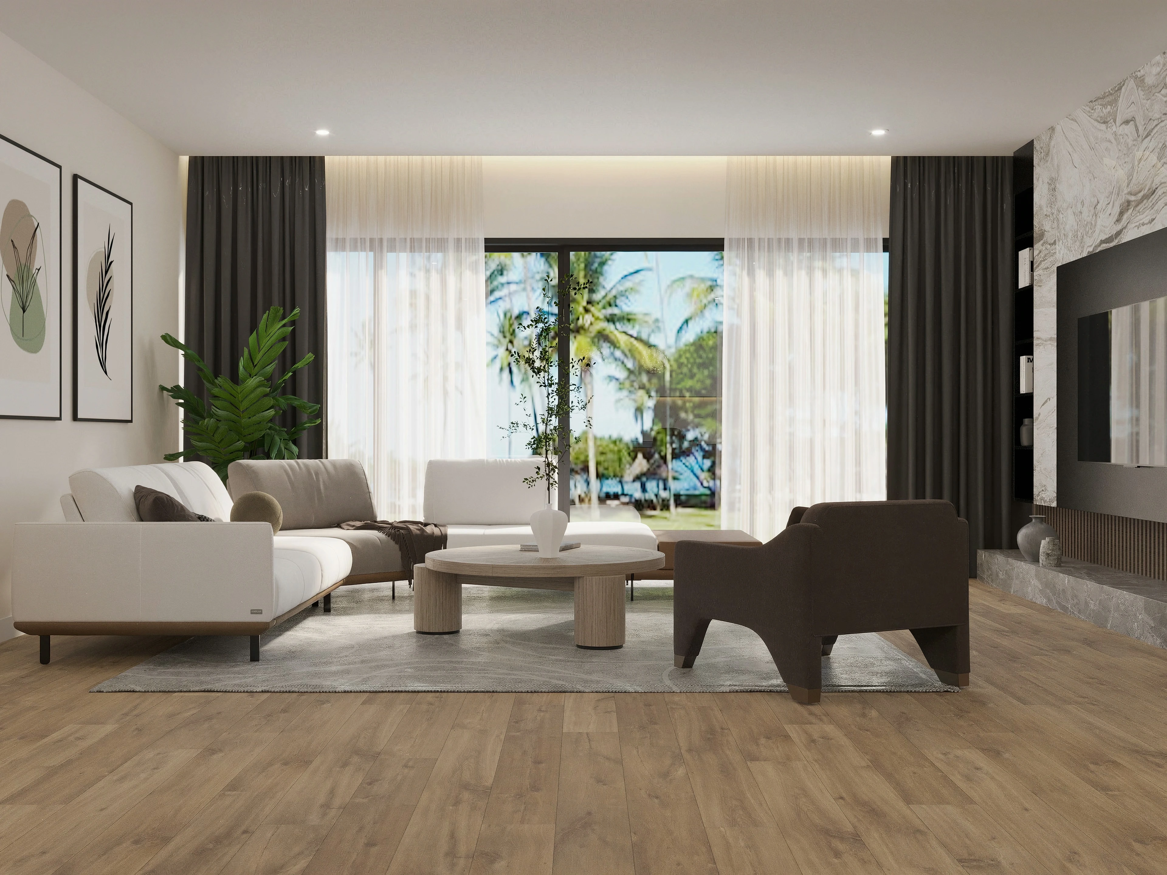 Living area with a low coffee table and tall glass doors.
