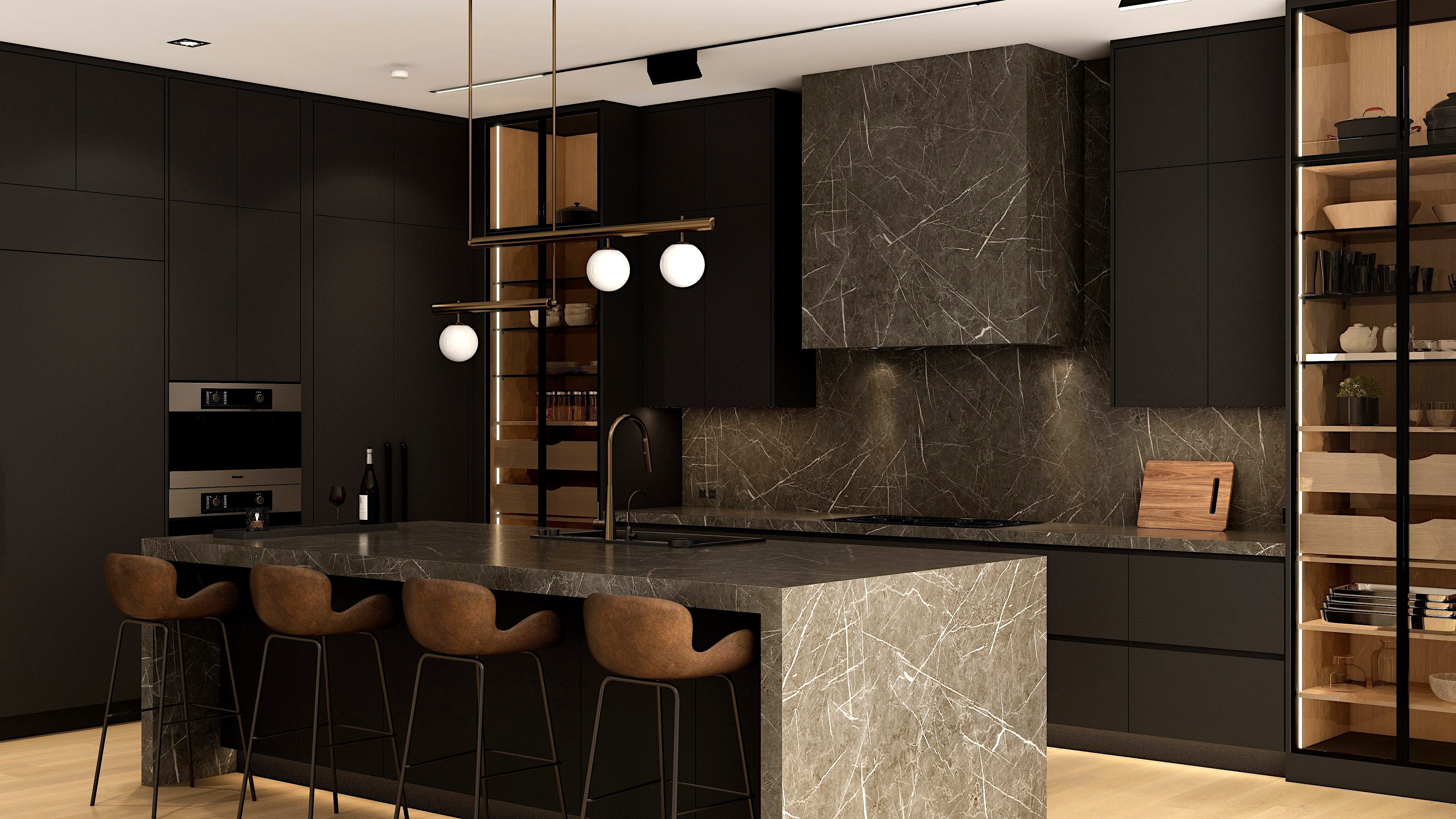 Dark kitchen with a stone island and wood-backed stools.