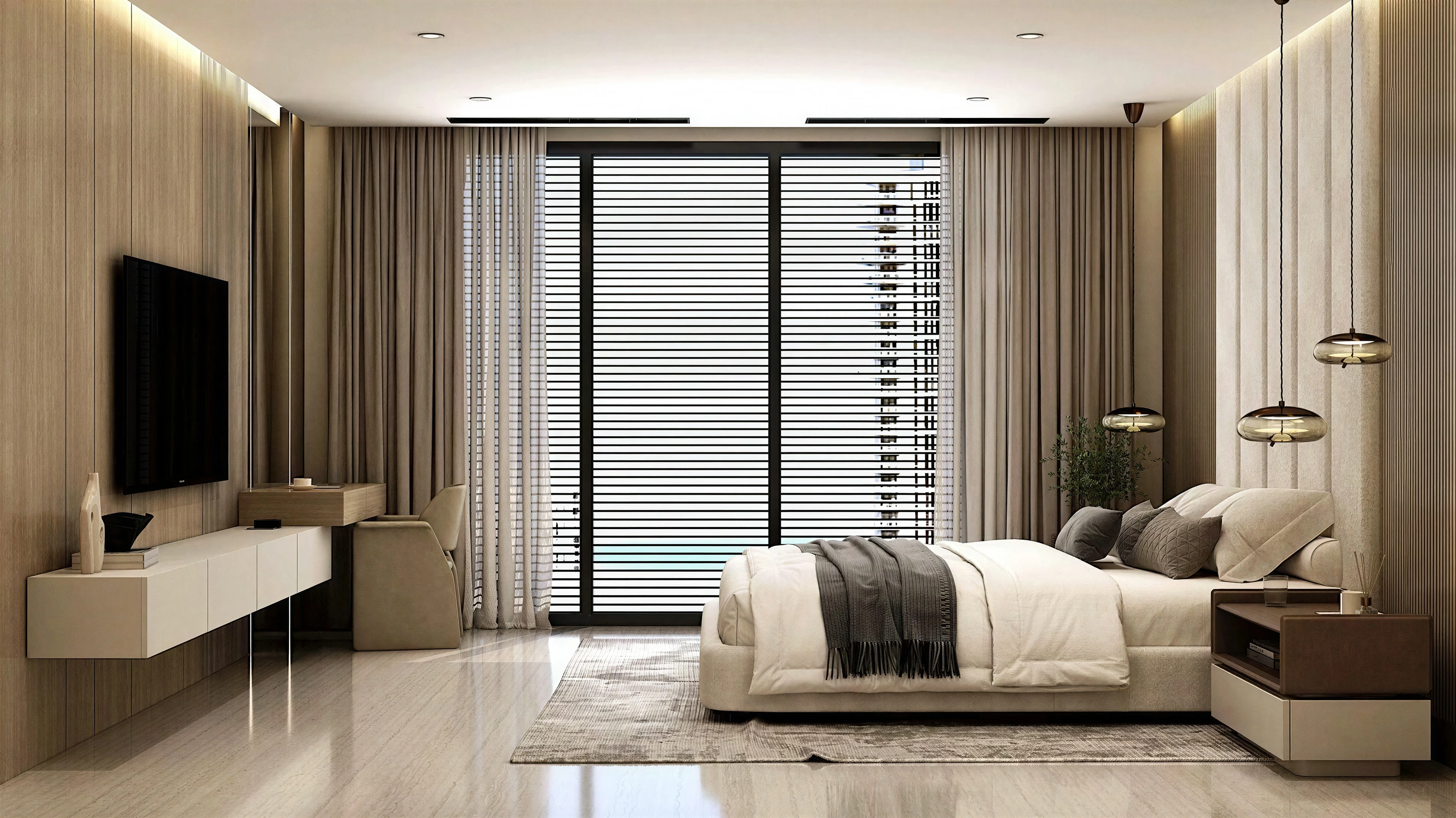 Bedroom viewed toward the television cabinet and window.
