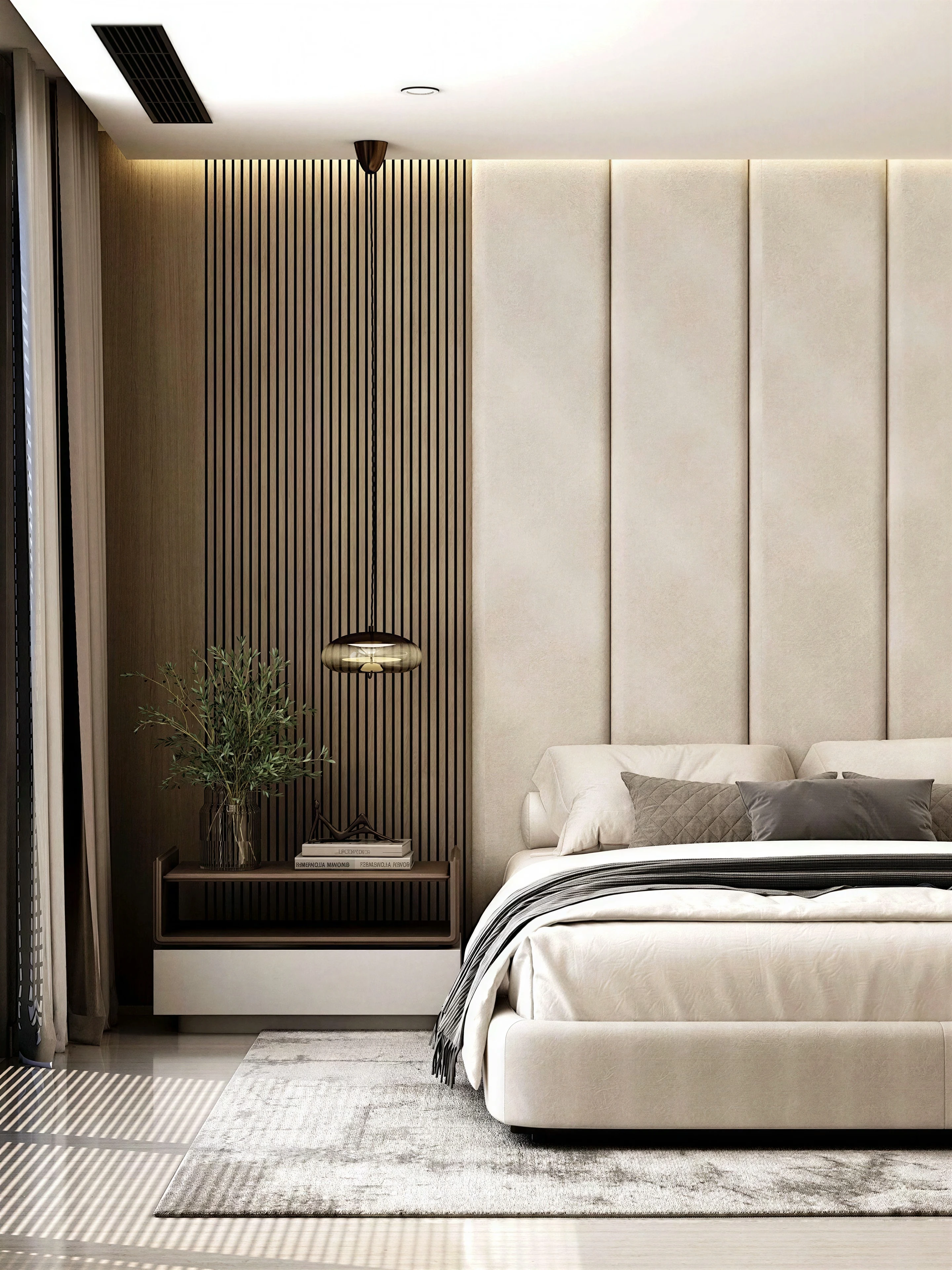 Detail of the bed and suspended bedside light.