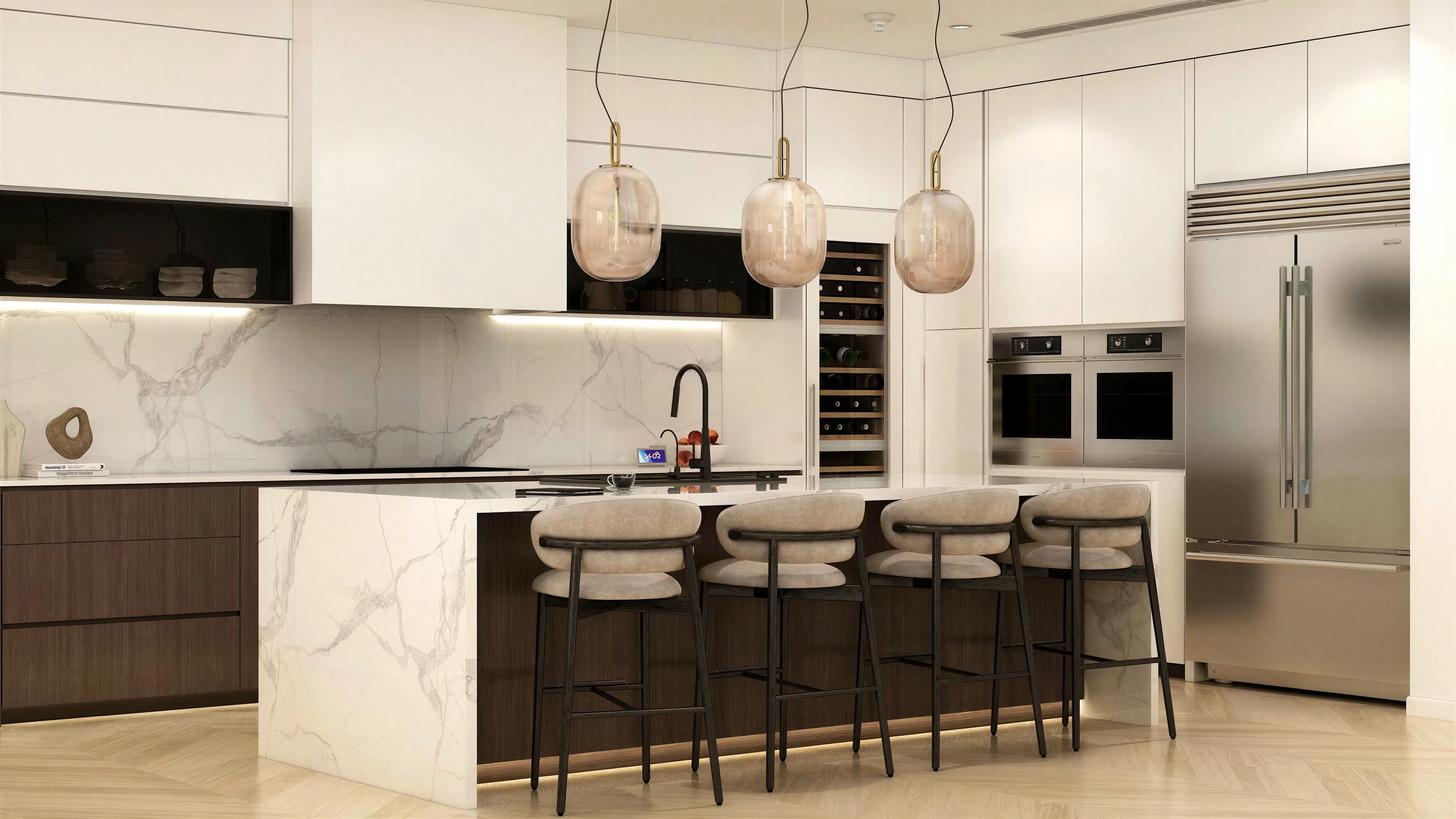Kitchen work area with a broad island and integrated appliances.