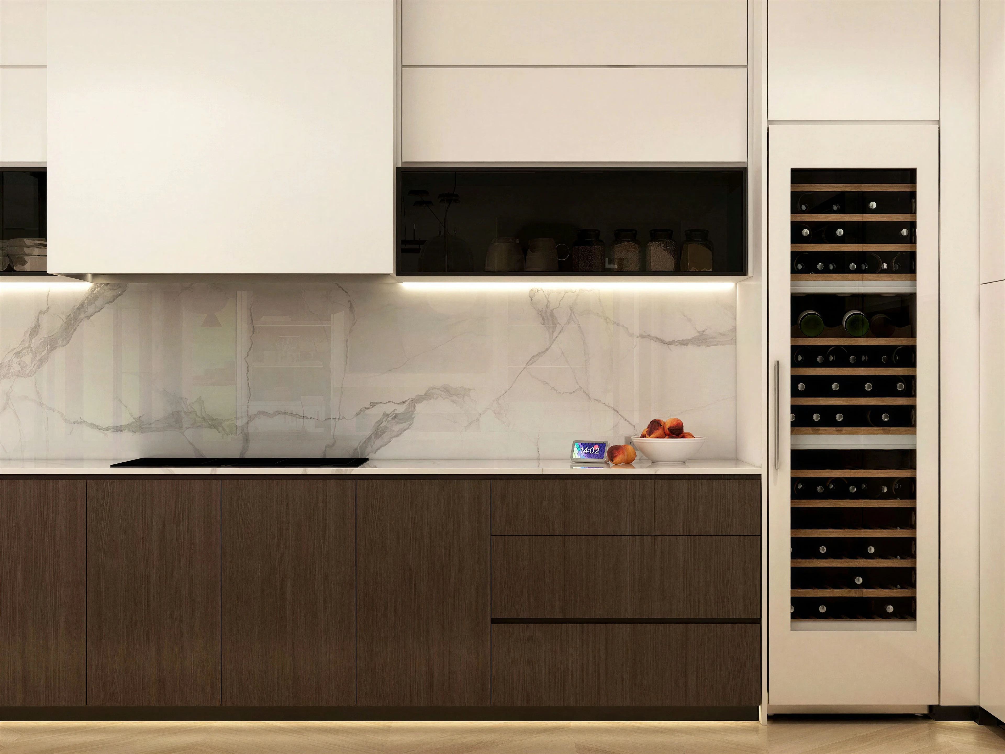 Cabinetry wall with a stone backsplash and built-in wine storage.