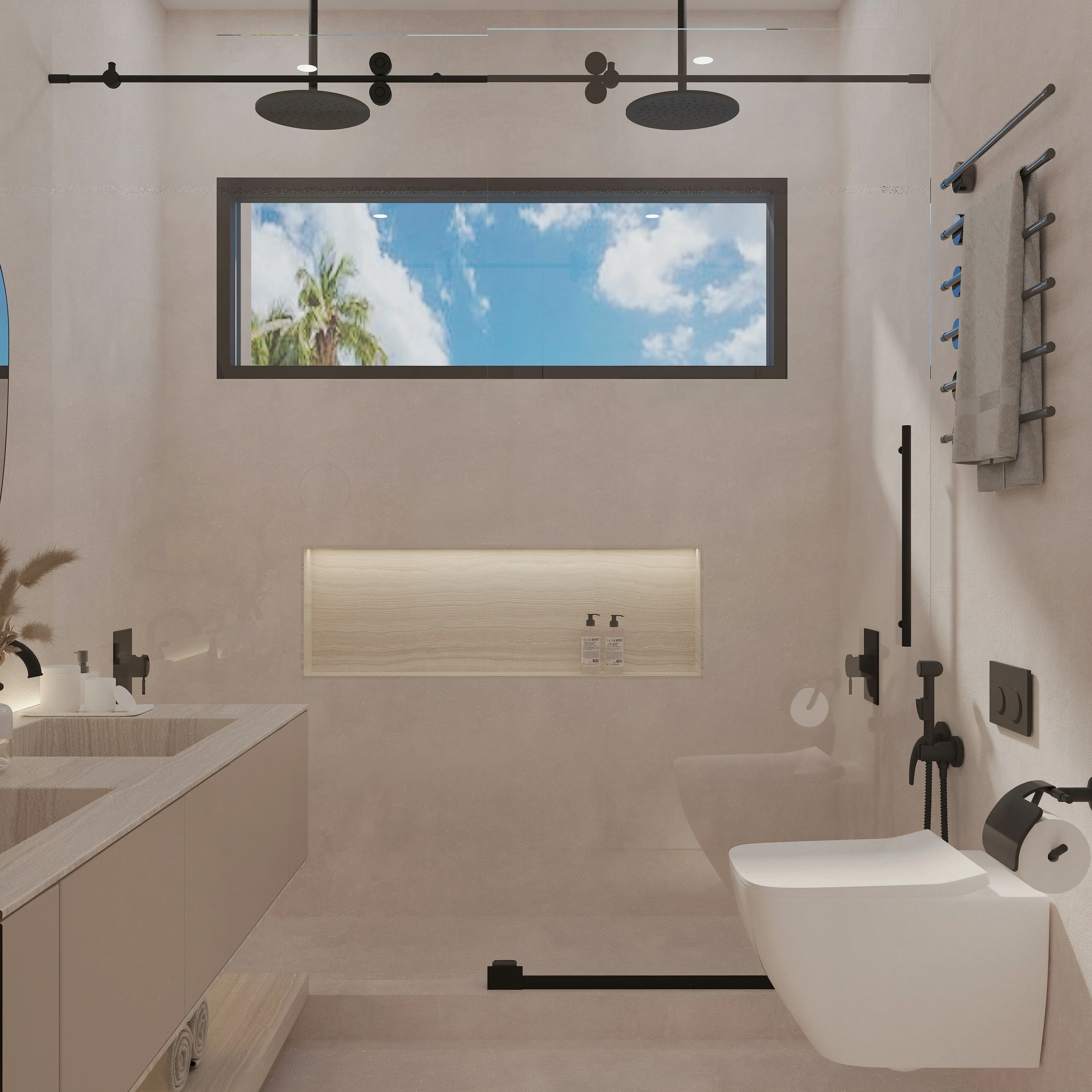 Walk-in shower with dual shower heads and a high window.