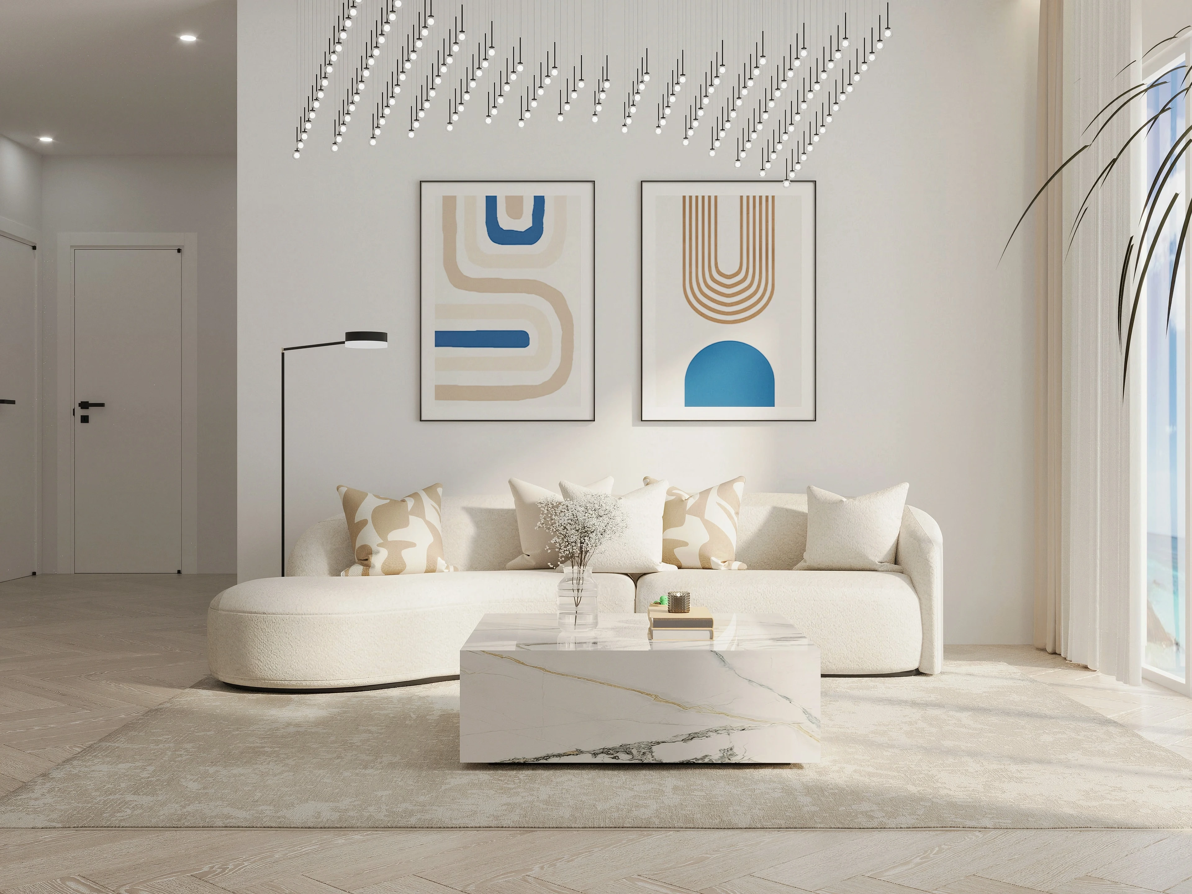 Condo living area with curved seating and abstract wall art.