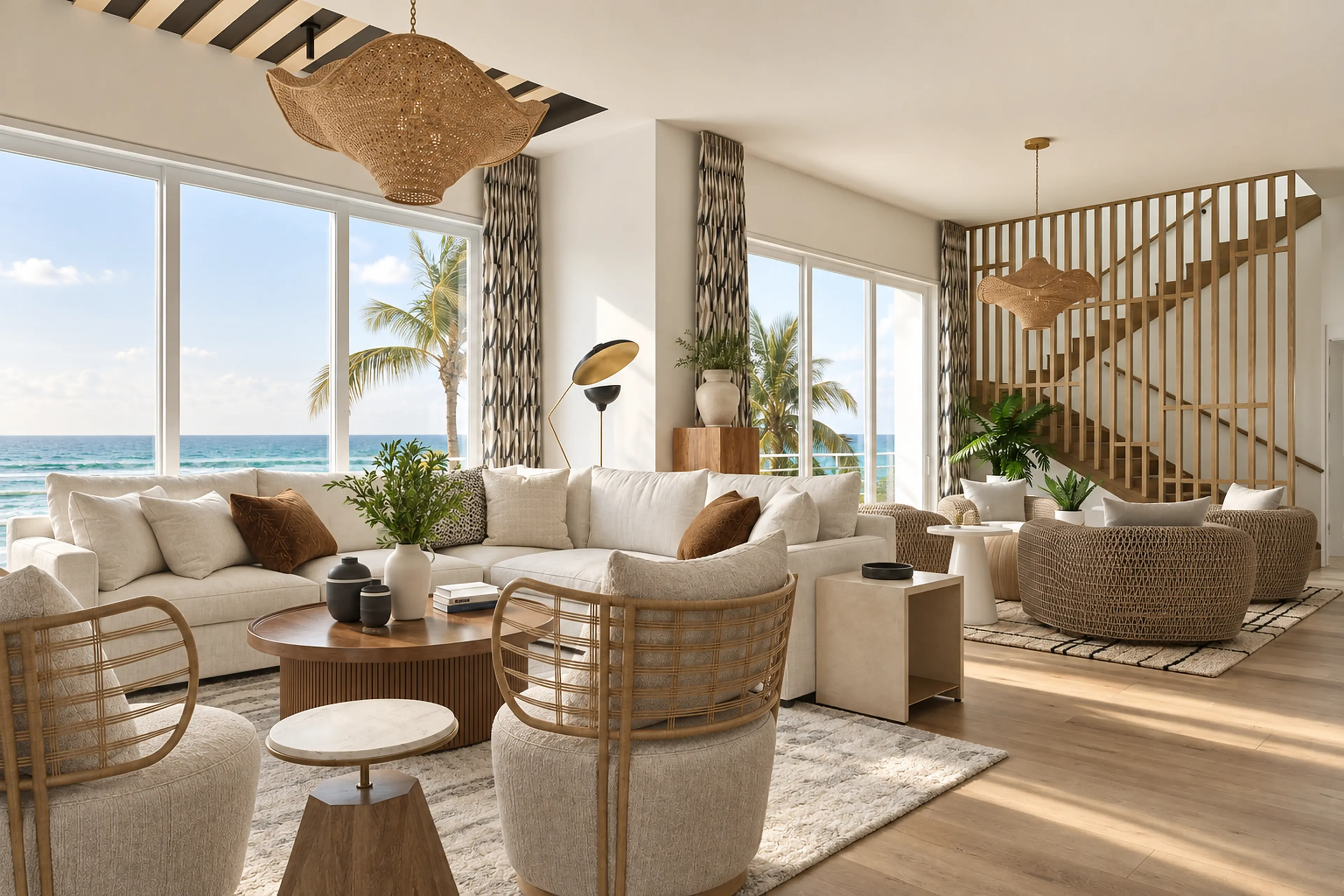 Photographic oceanfront living room with woven seating and a pale-oak slat staircase.