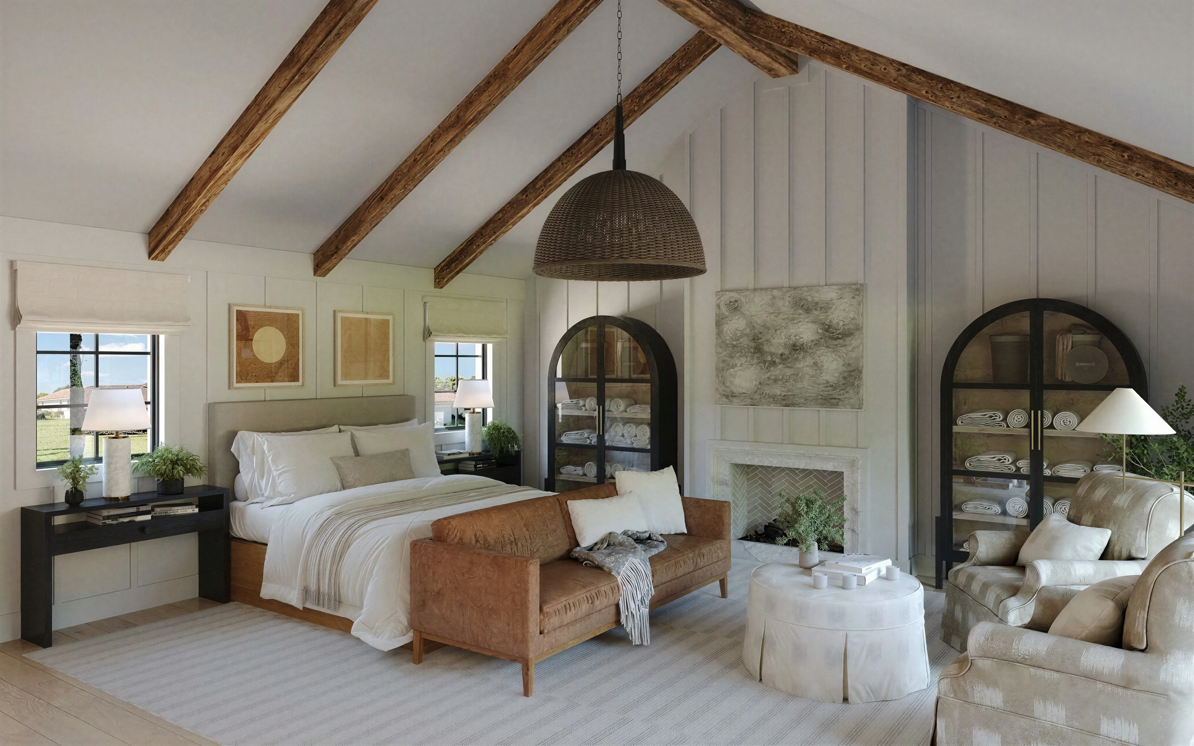 Bedroom beneath a vaulted ceiling with exposed wood beams.