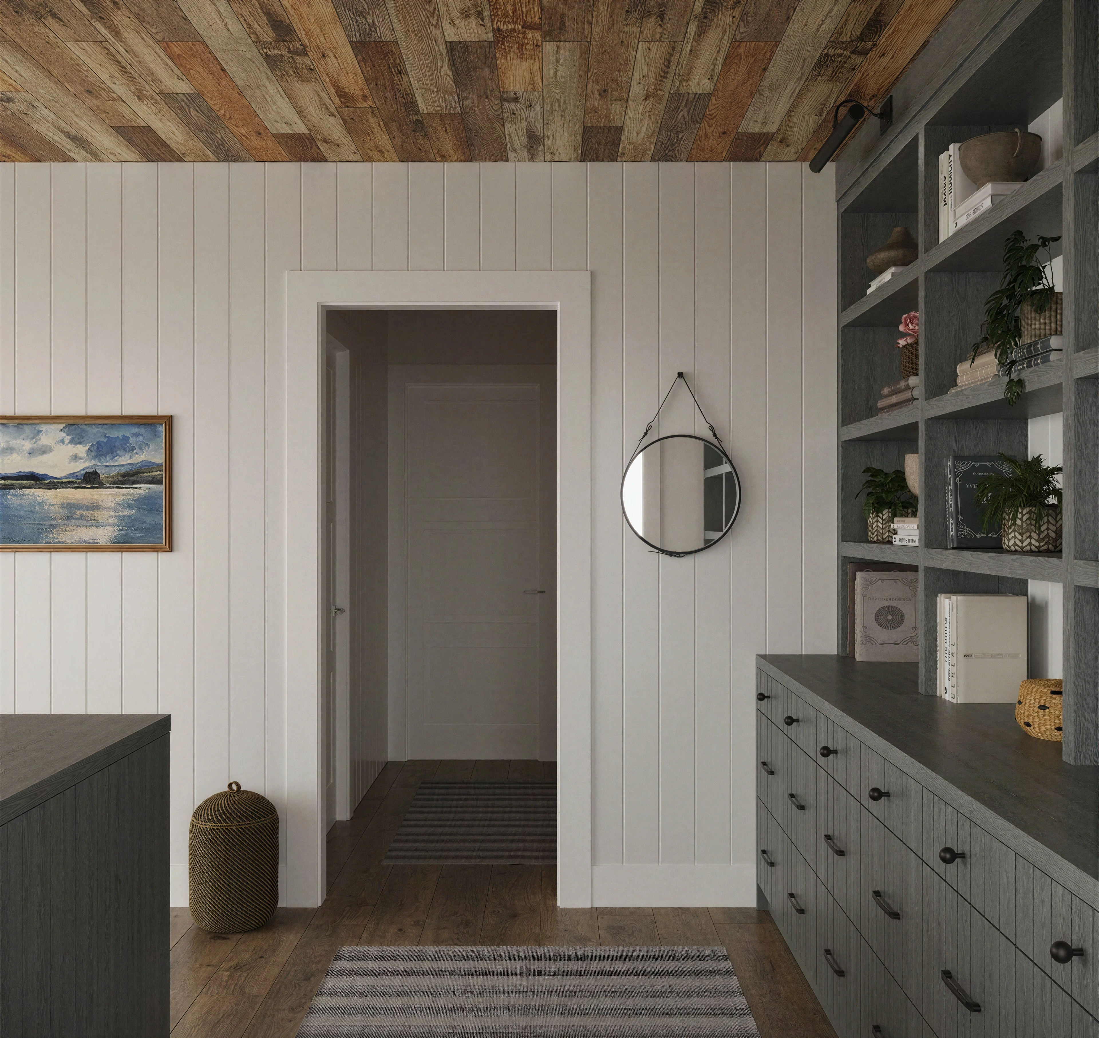 Built-in storage and display shelving beneath a patterned ceiling.