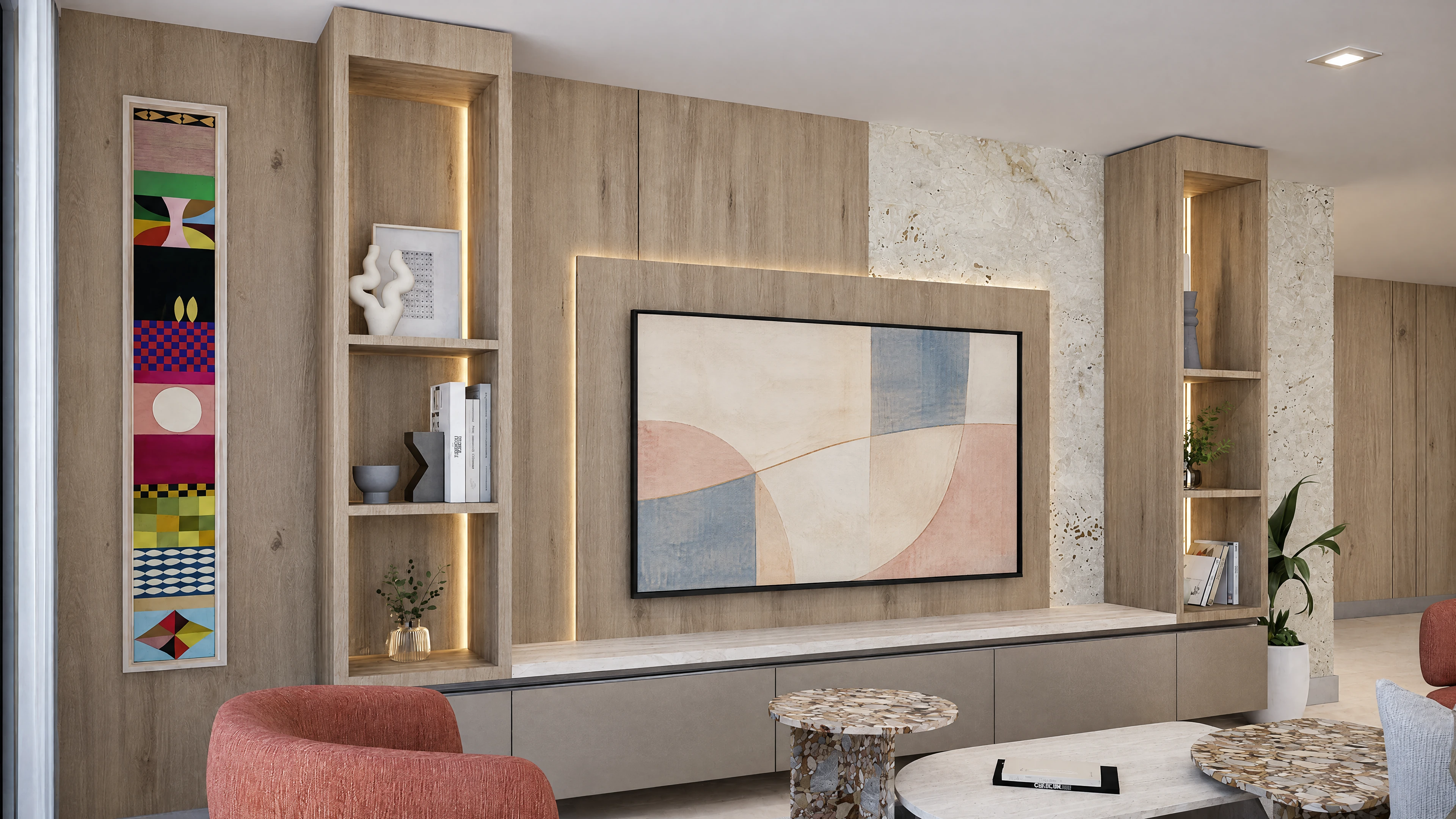 Living room television wall with illuminated display shelves.