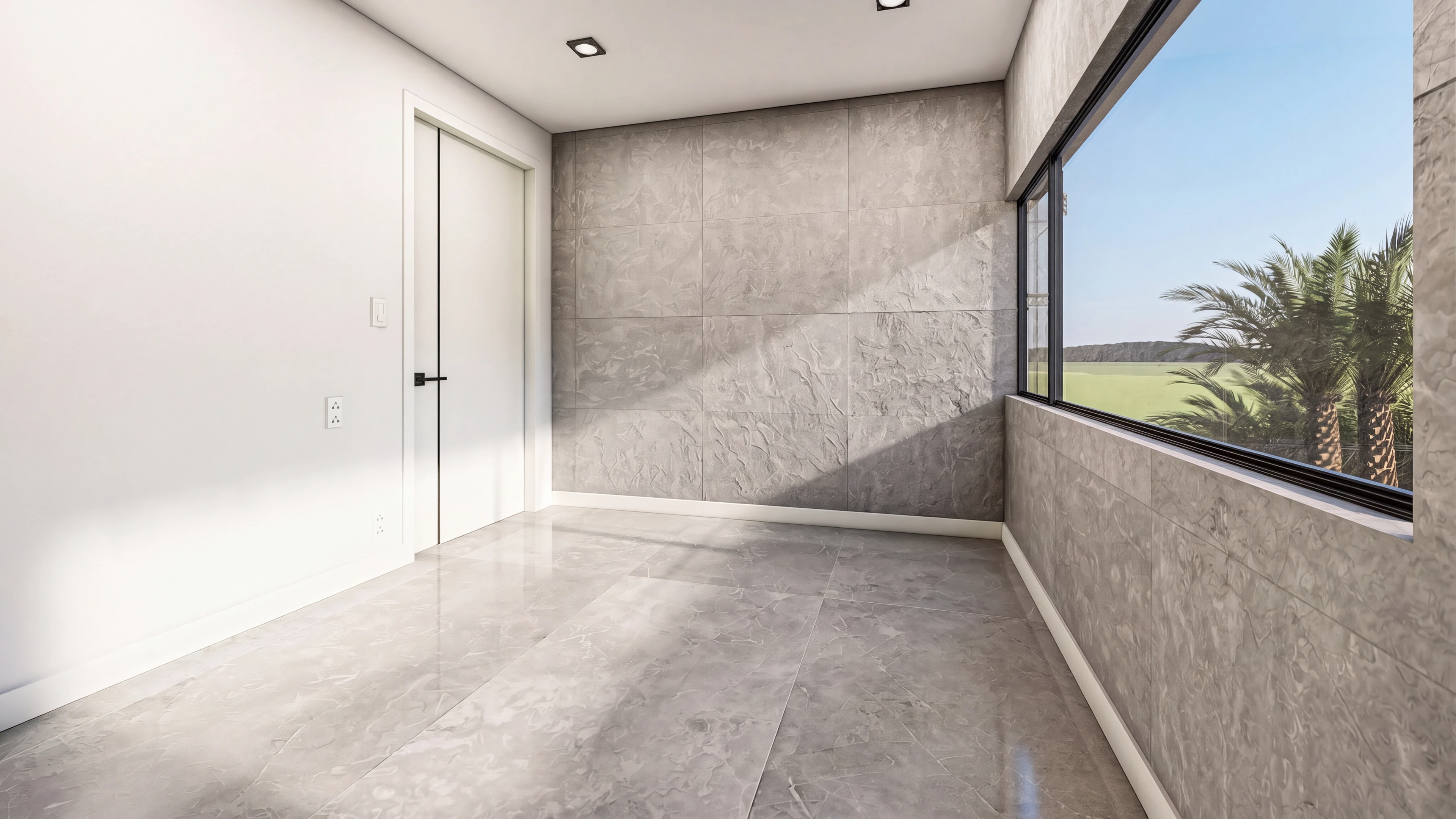 Interior room with a long horizontal window and stone-patterned flooring.