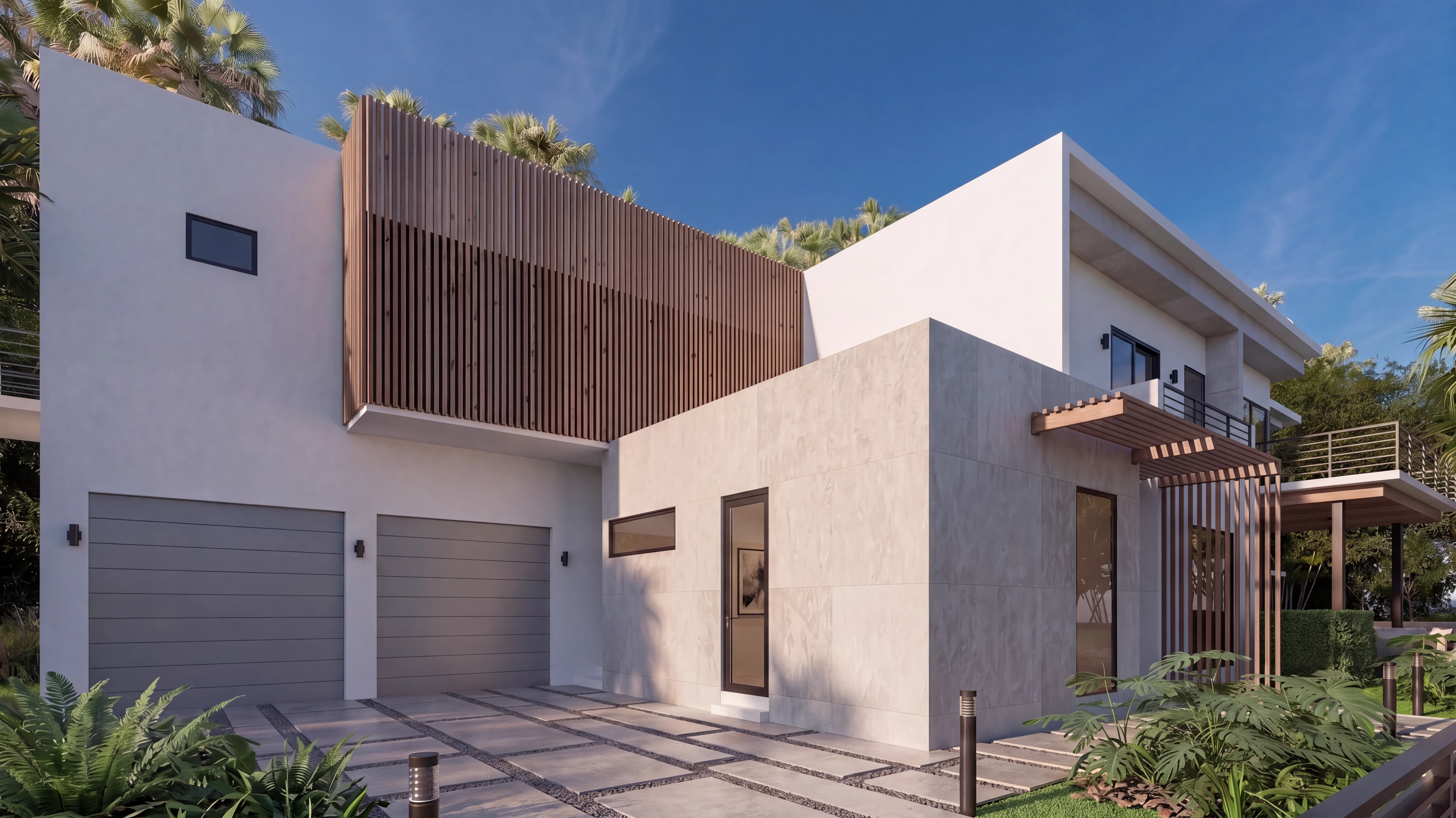 Street-facing exterior with a garage and vertical wood screening.
