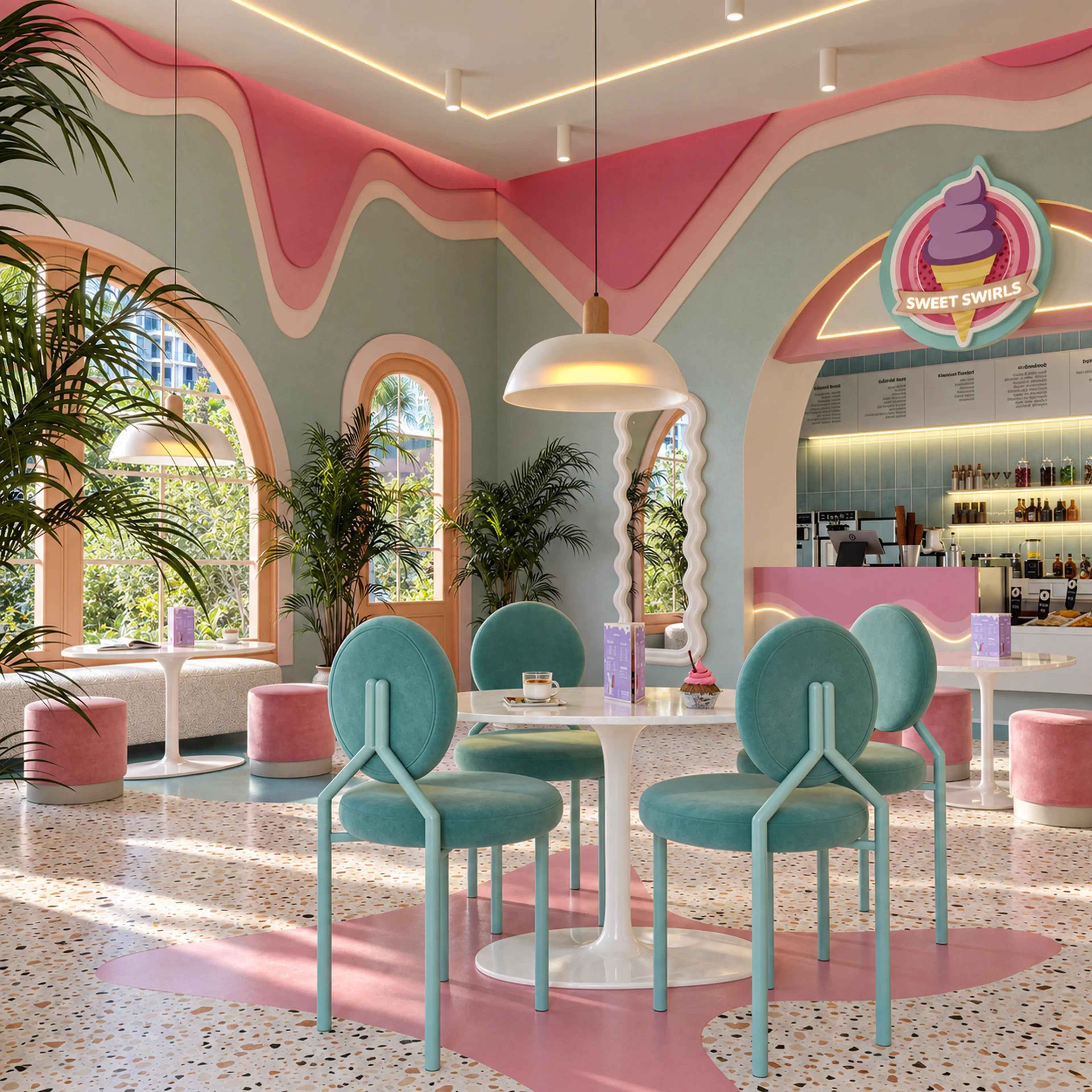Ice cream shop seating beneath a pink sculpted ceiling.