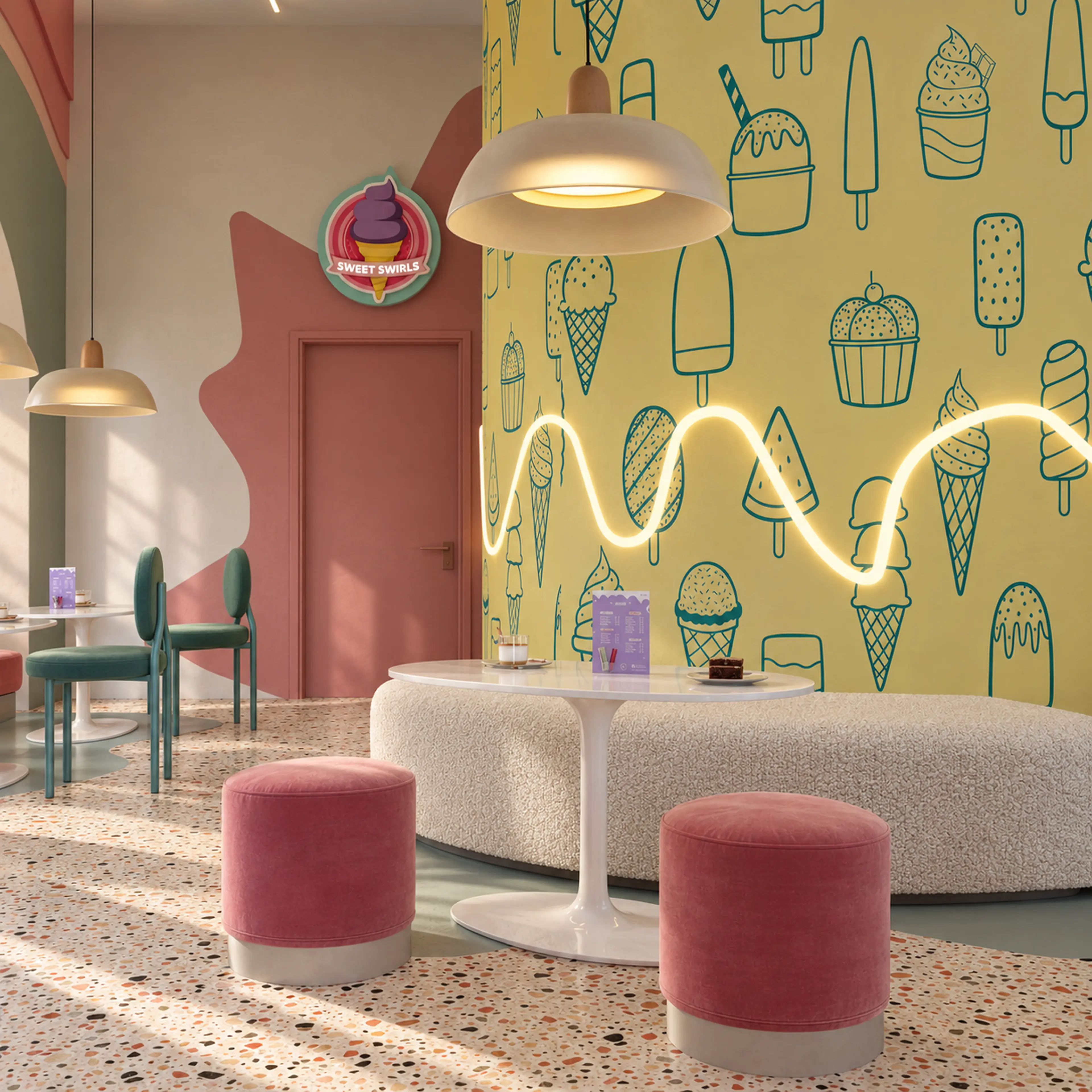 Curved bench seating beside an illustrated accent wall.