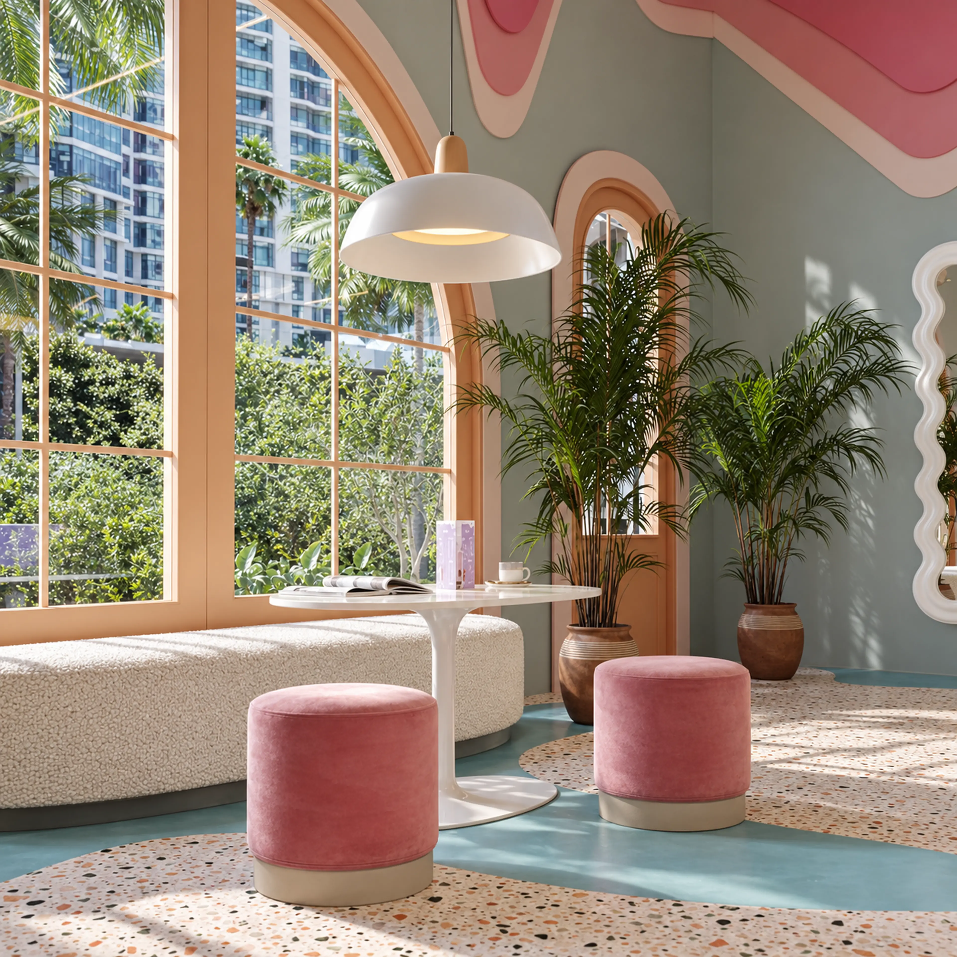 Window-side seating with a curved banquette, pink stools and palms.