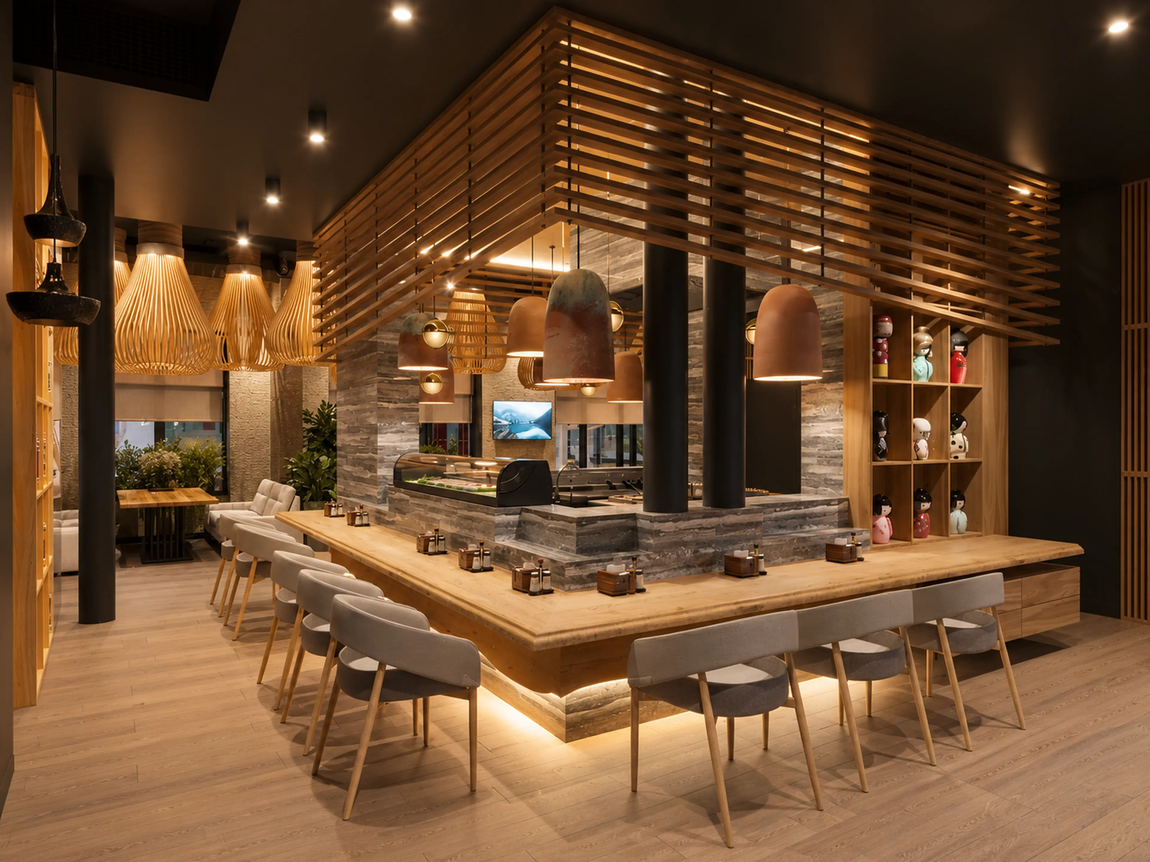 Photographic angled view of the sushi counter and slatted wood canopy.
