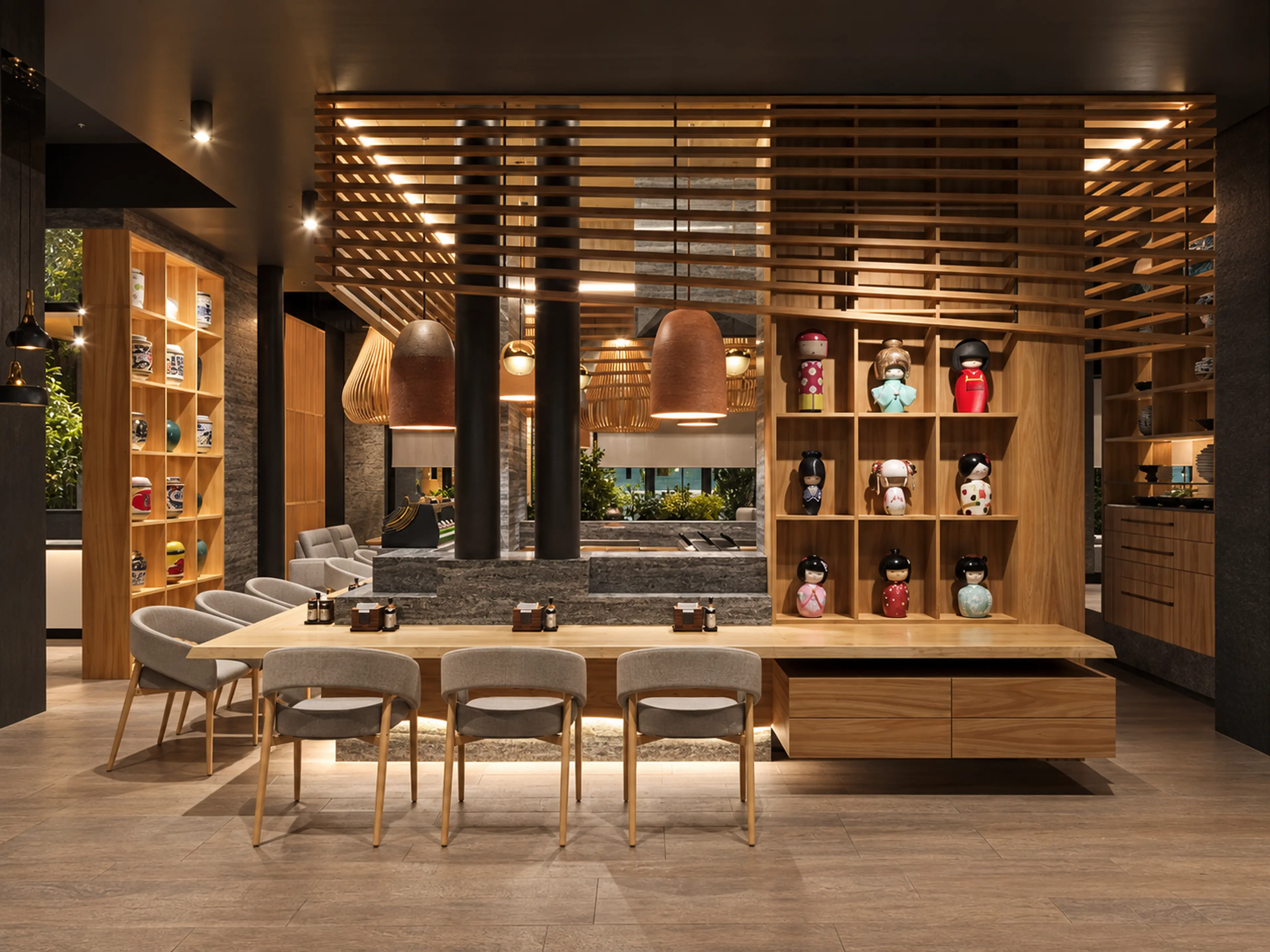 AI-enhanced Japanese Steak House project rendering of the sushi counter, oak canopy, stone millwork and display shelving.