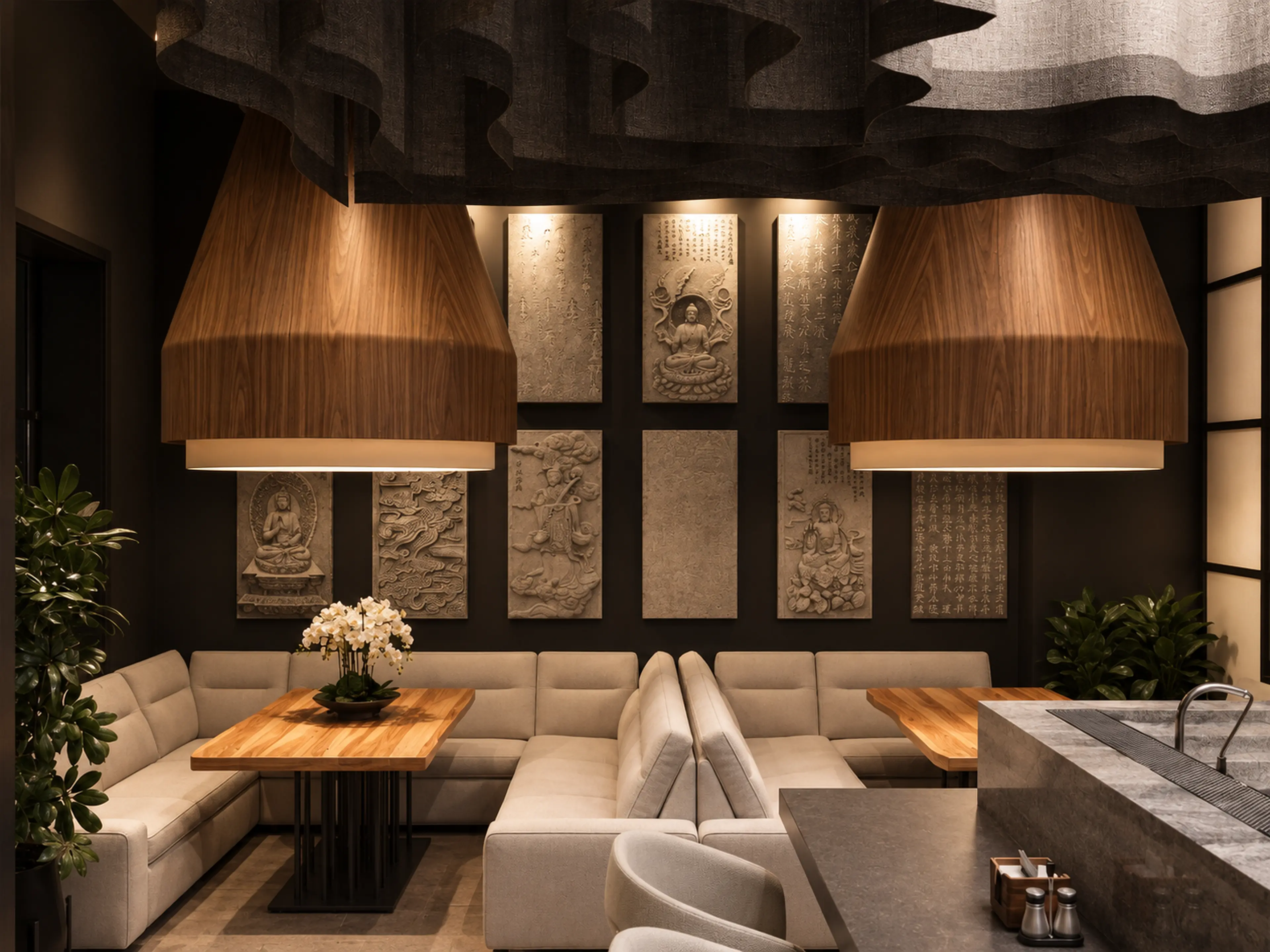 Photographic intimate booth seating beneath sculptural wood fixtures.