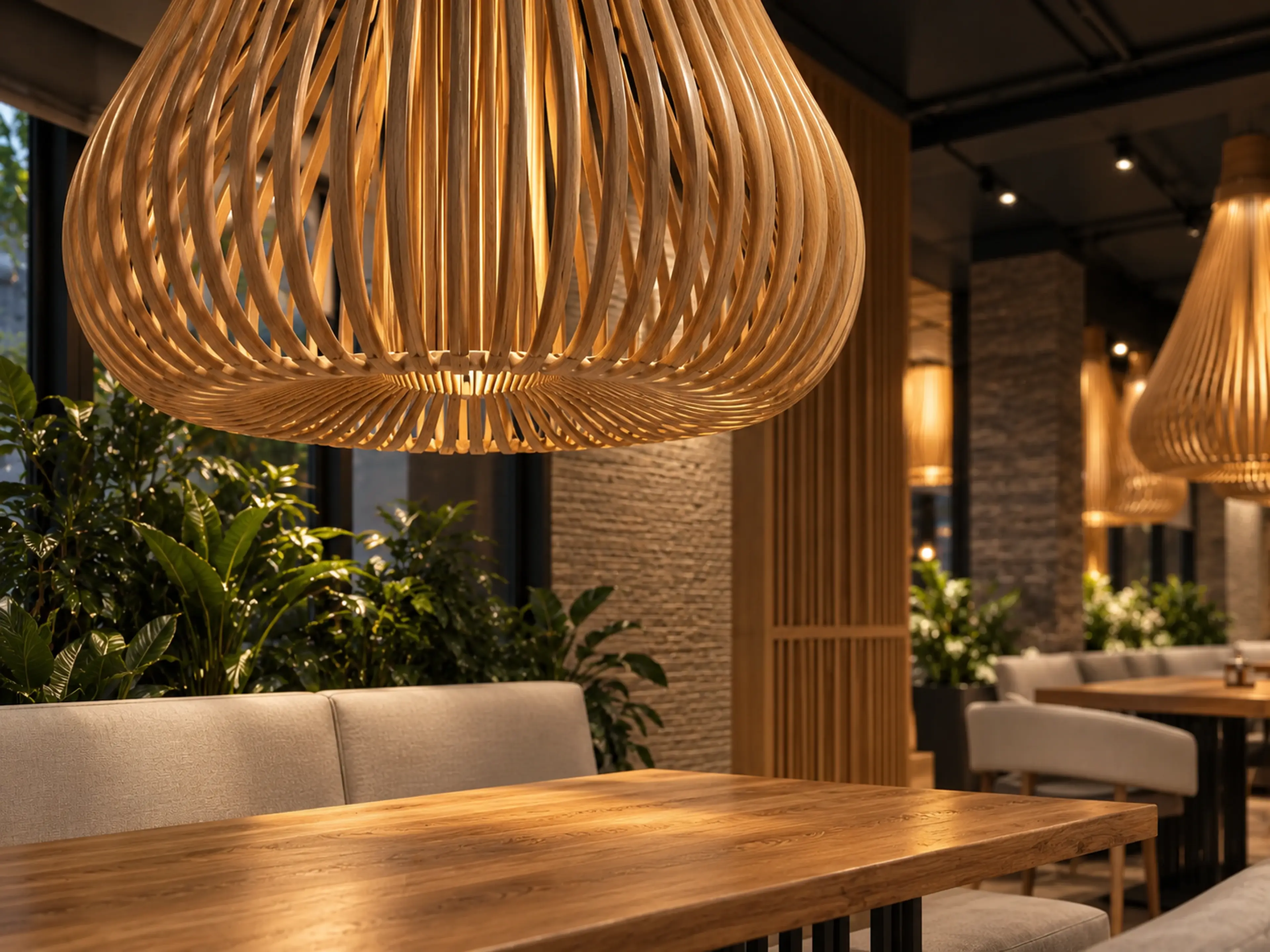 Supplemental Japanese Steak House project study of a sculptural woven oak pendant above dining banquette seating.