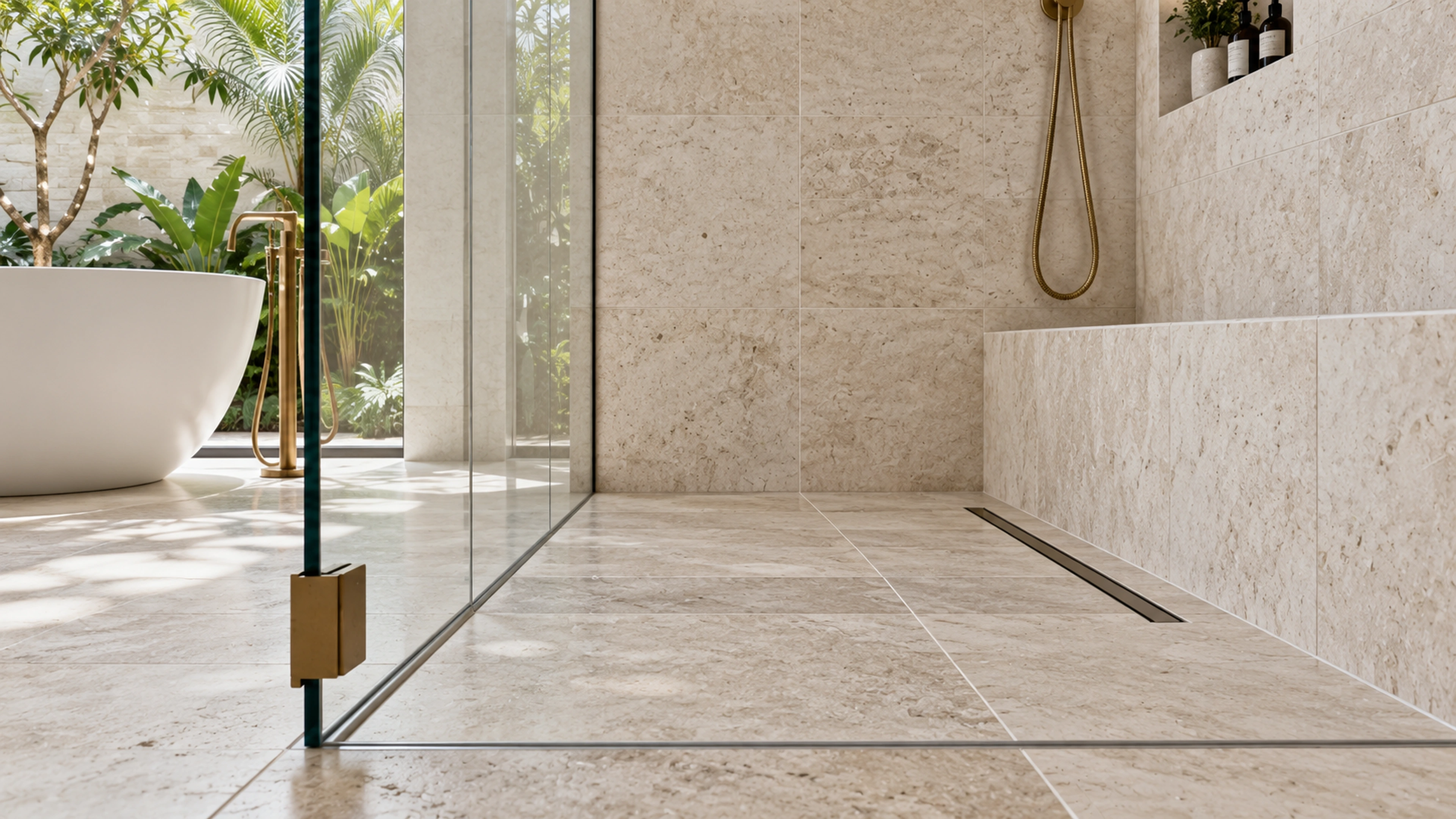 Limestone Bathroom — where materials meet; design-concept visualization.