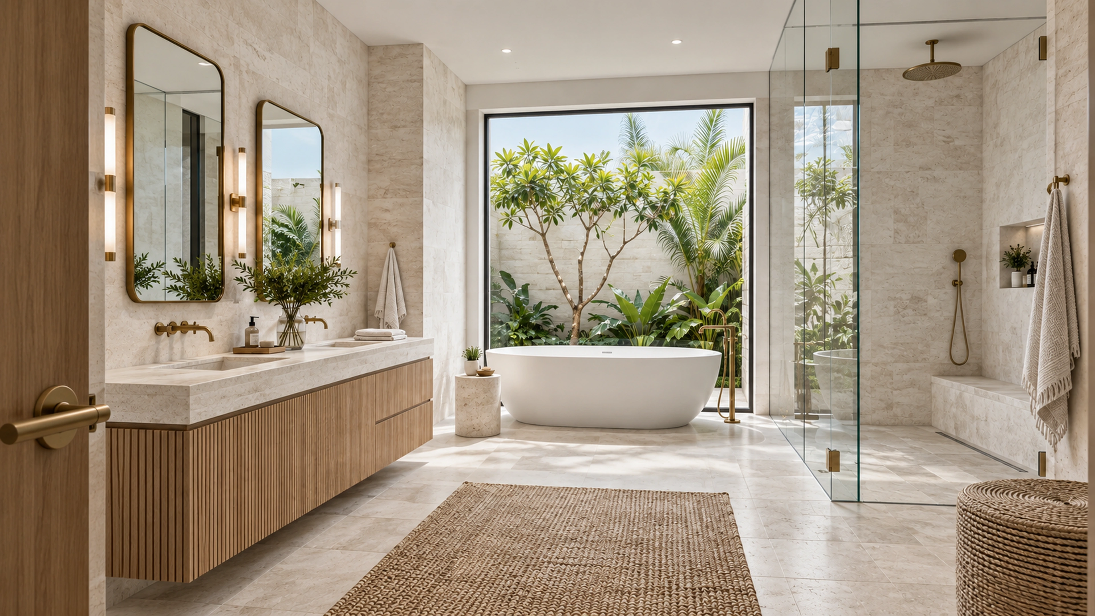 Limestone Bathroom — the room in sequence; design-concept visualization.