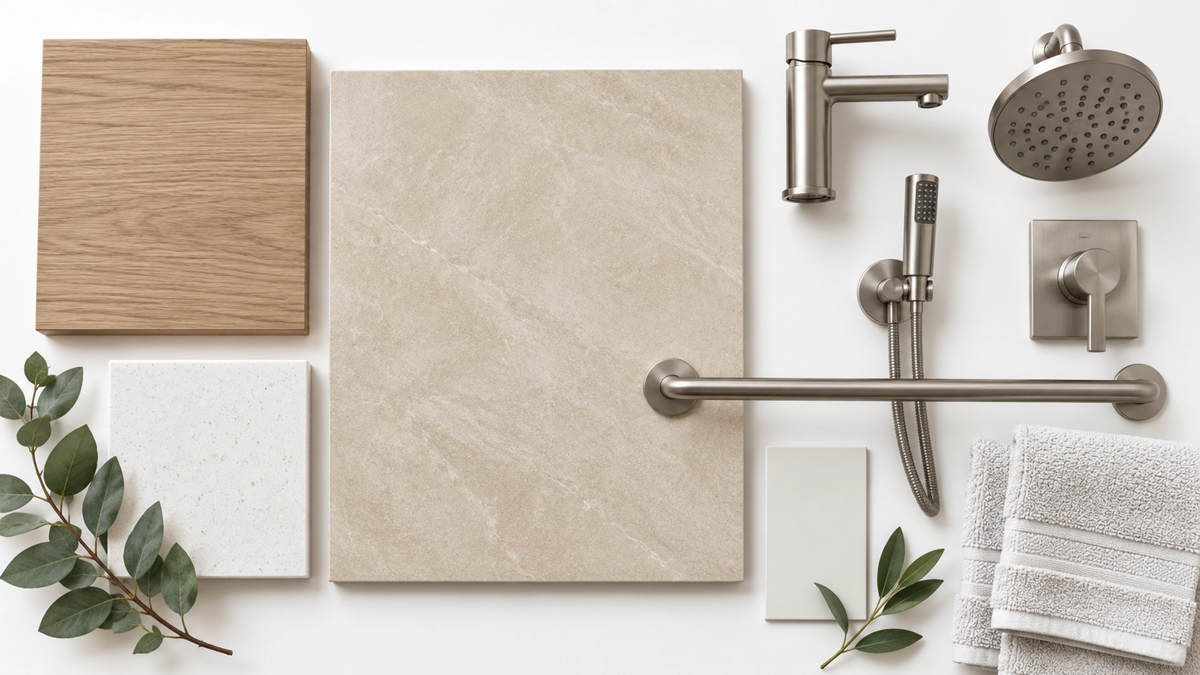 A Calmer Bathroom — materials for a calmer bathroom; design-concept visualization.
