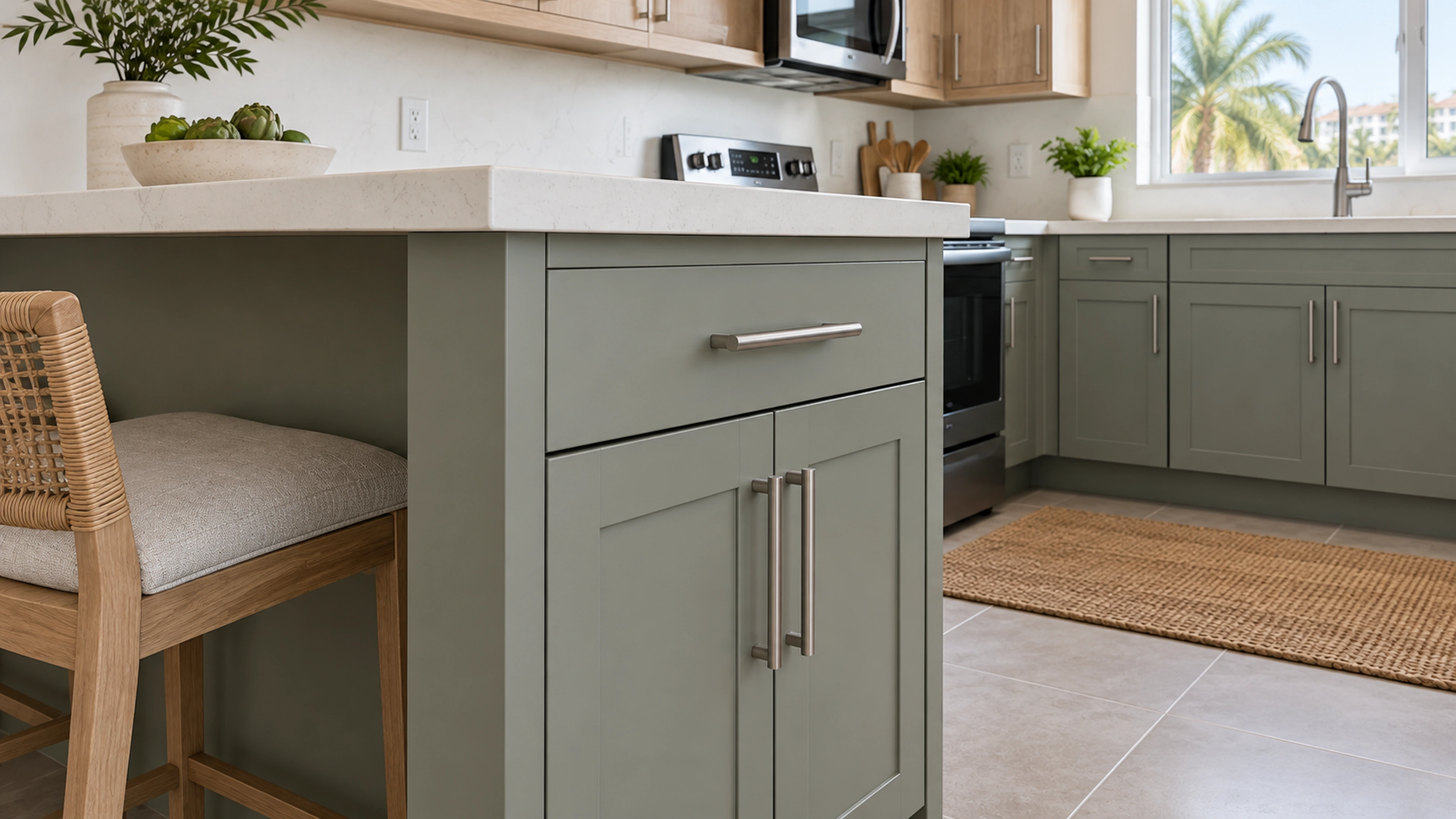 Sage & Oak Kitchen — cabinetry at close range; design-concept visualization.
