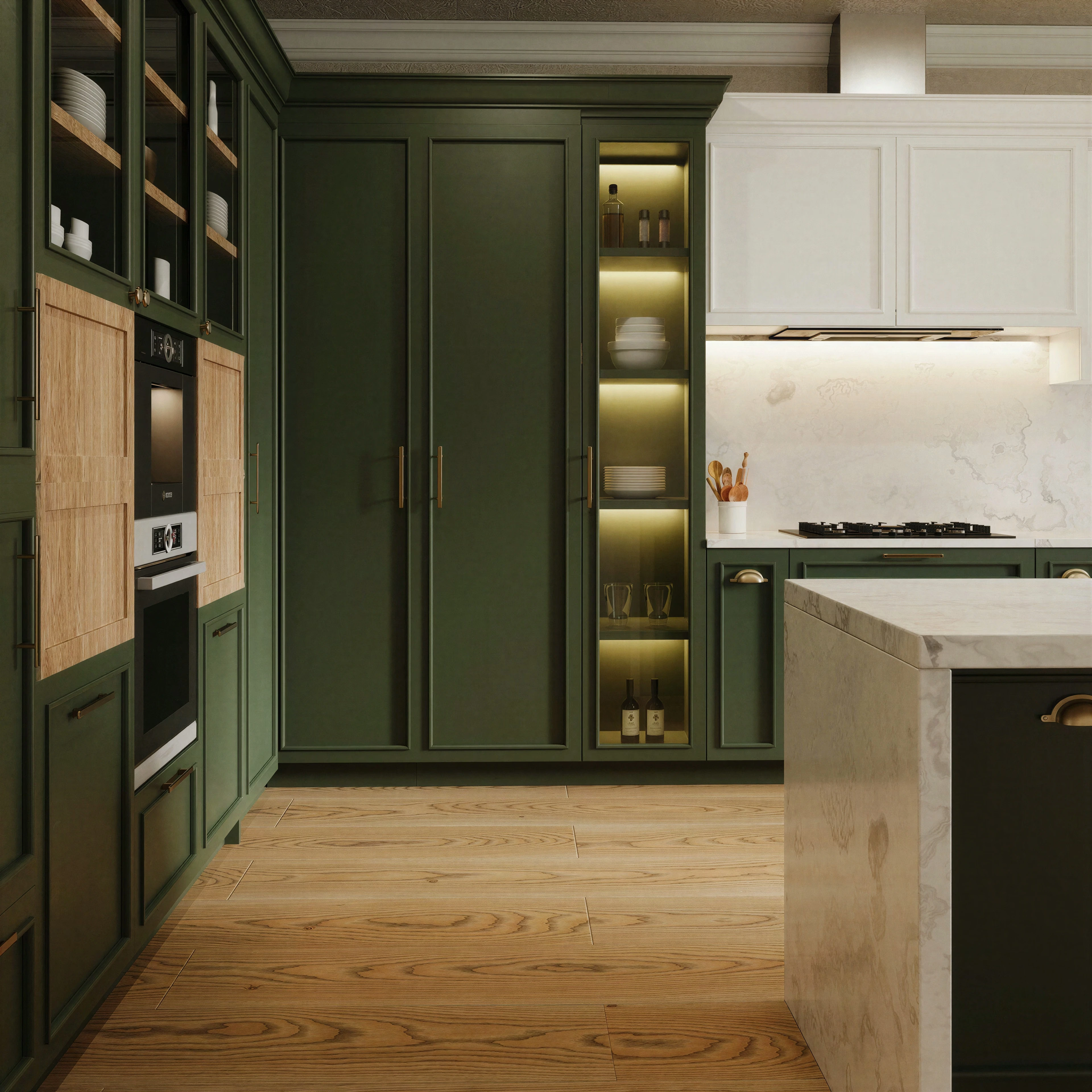 Tall green cabinets with integrated appliances and open shelves.